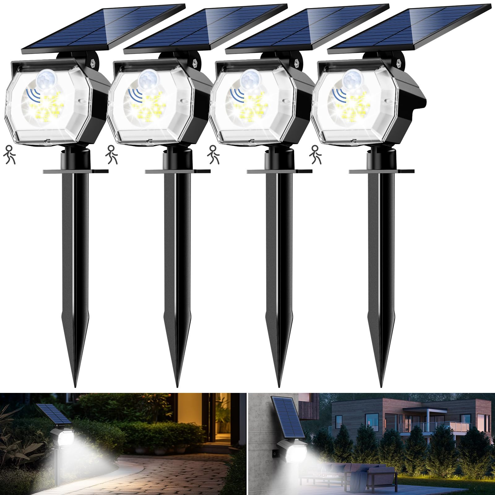 btfarm 4 Pack Solar Spot Lights Outdoor - 52 LED Solar Motion Lights Outside Waterproof IP65, 3 Modes Solar Powered Motion Senso