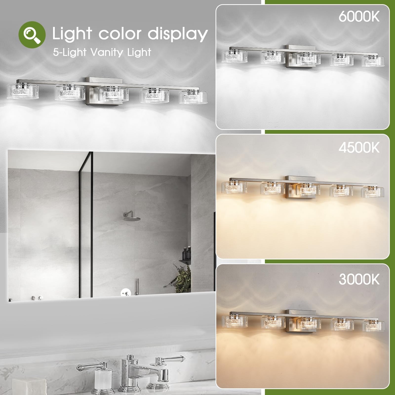 Zhizenl 5-Light Dimmable LED Bathroom Vanity Light Fixture, Modern Brushed Nickel with Clear Glass Shade, Model B132-082-5Light
