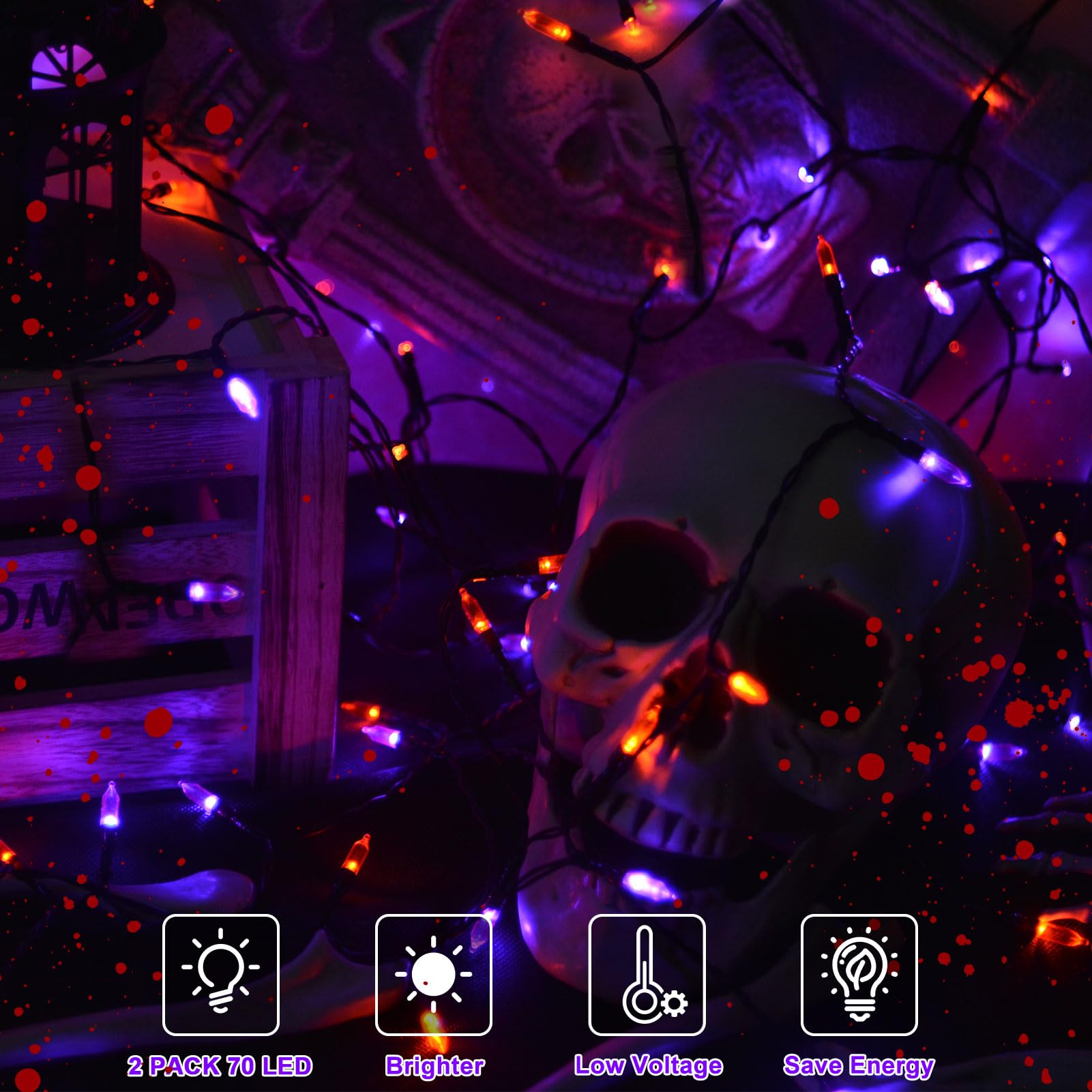 Orange Purple Halloween Lights Battery Operated, 2 Pack Total 46Ft 140 Led Mini String Lights With Timer 8 Modes Twinkle Lights