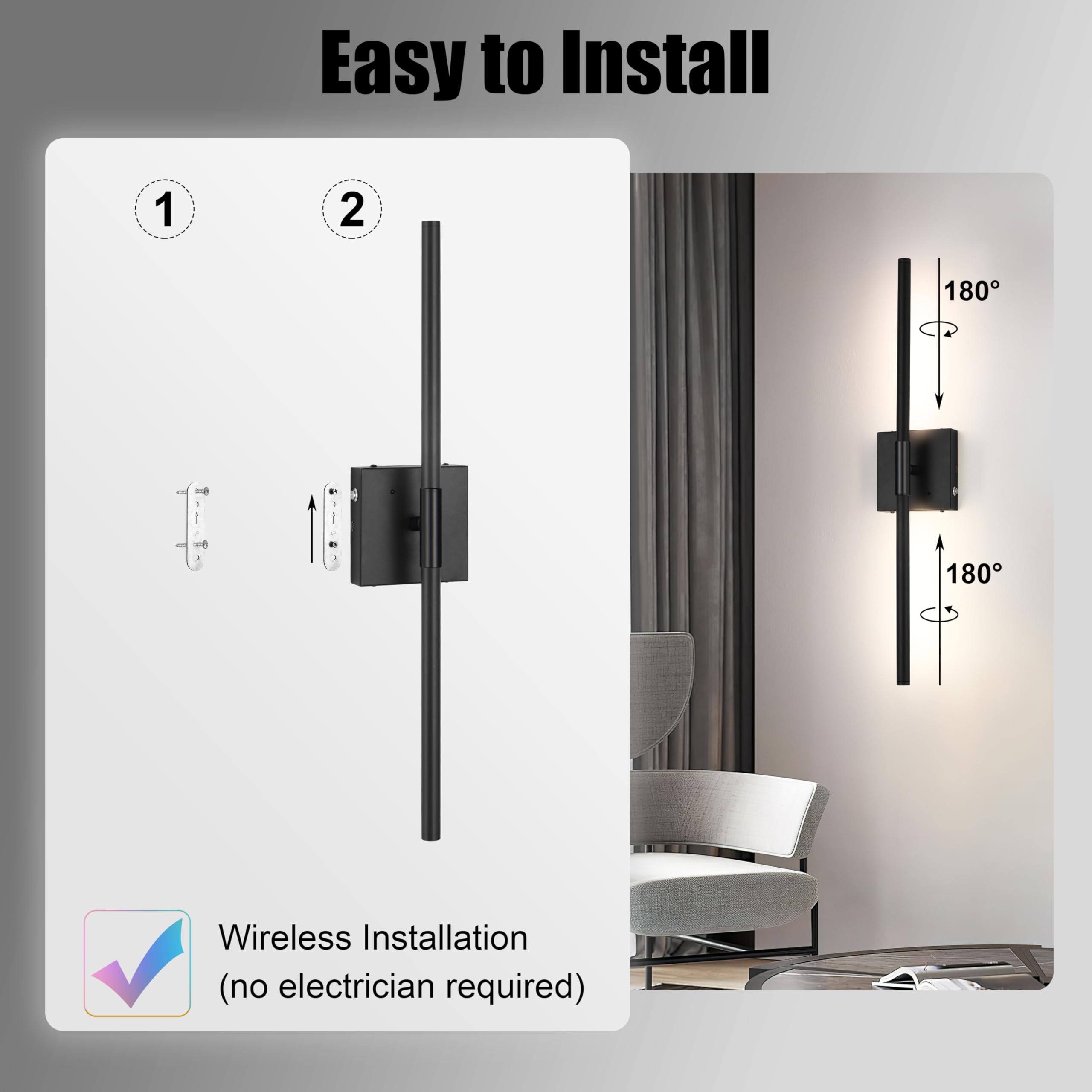 Morauroral RGB Lighting Wall Sconces, Dimmable Rechargeable, 24" Black LED, Set of 2, Modern Wireless Lights for Bedroom & Living Room