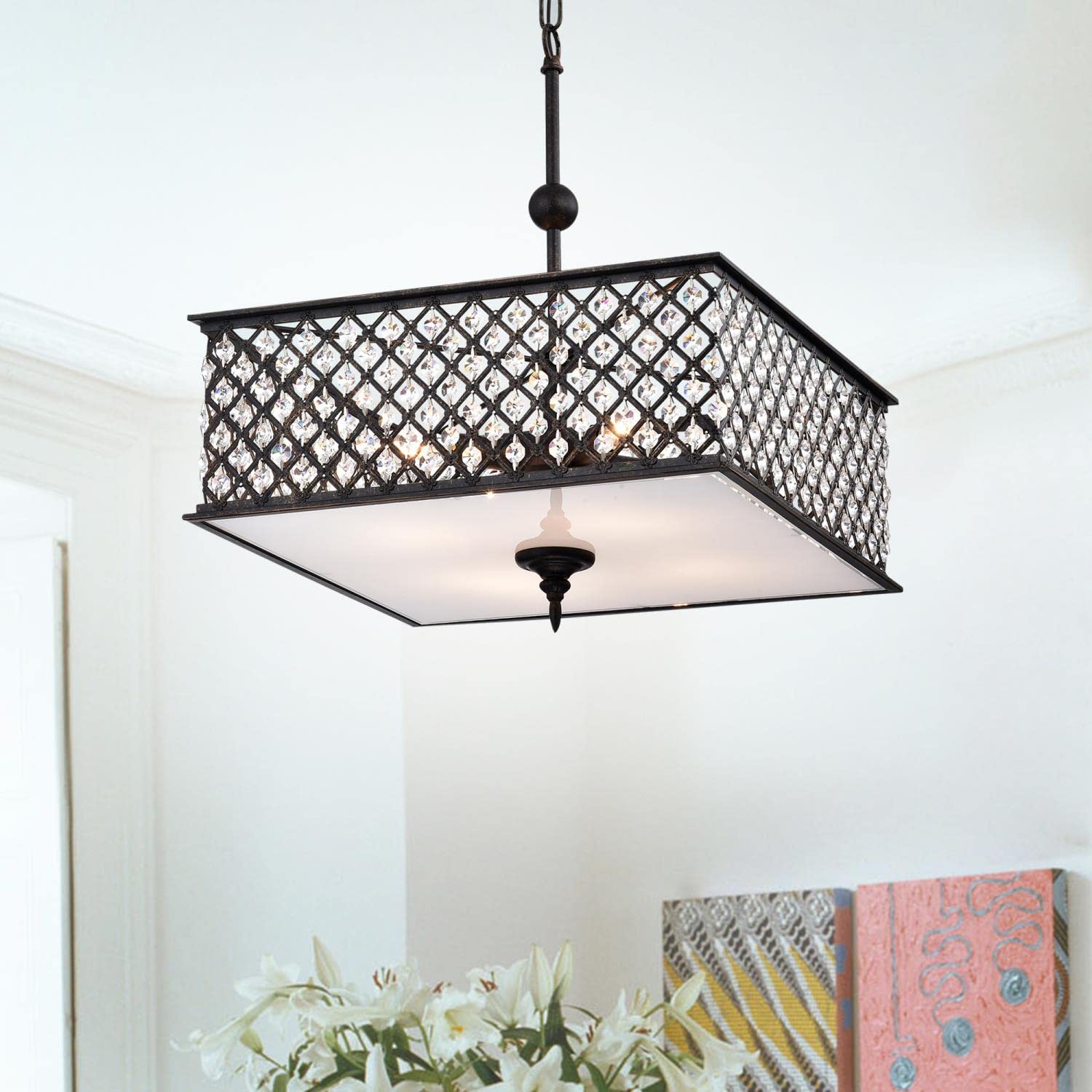 Warehouse of Tiffany IMP52D/4AC Donea Antique Copper 4-Light Crystals Chandelier, 16.14'' L x 16.14'' W x 57.09'' H