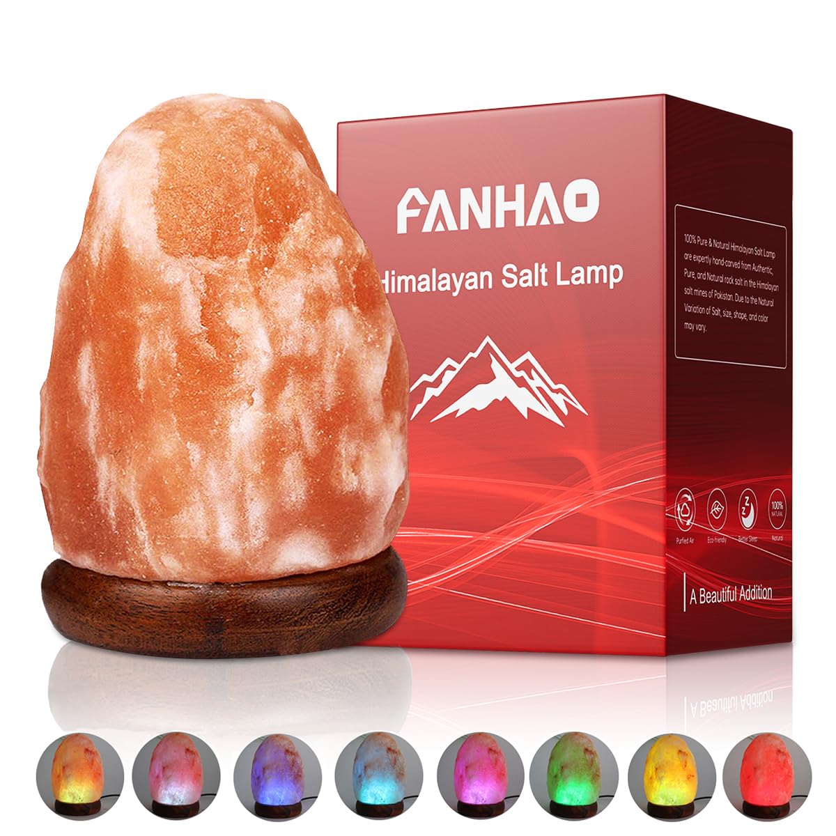 FANHAO Himalayan Salt Lamp, HS90, 100% Natural Crystal, Multicolor Changing Light, Hand Crafted Night Light, Natural Size