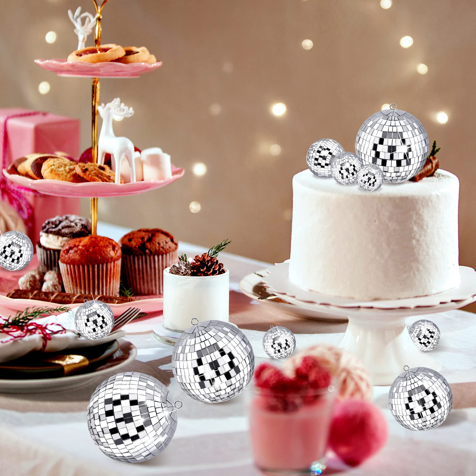 Calluace 50 Pcs Silver Mini Mirror Disco Balls Ornaments - Reflective Decorations for Holiday Party Decor (1.2-4 Sizes)