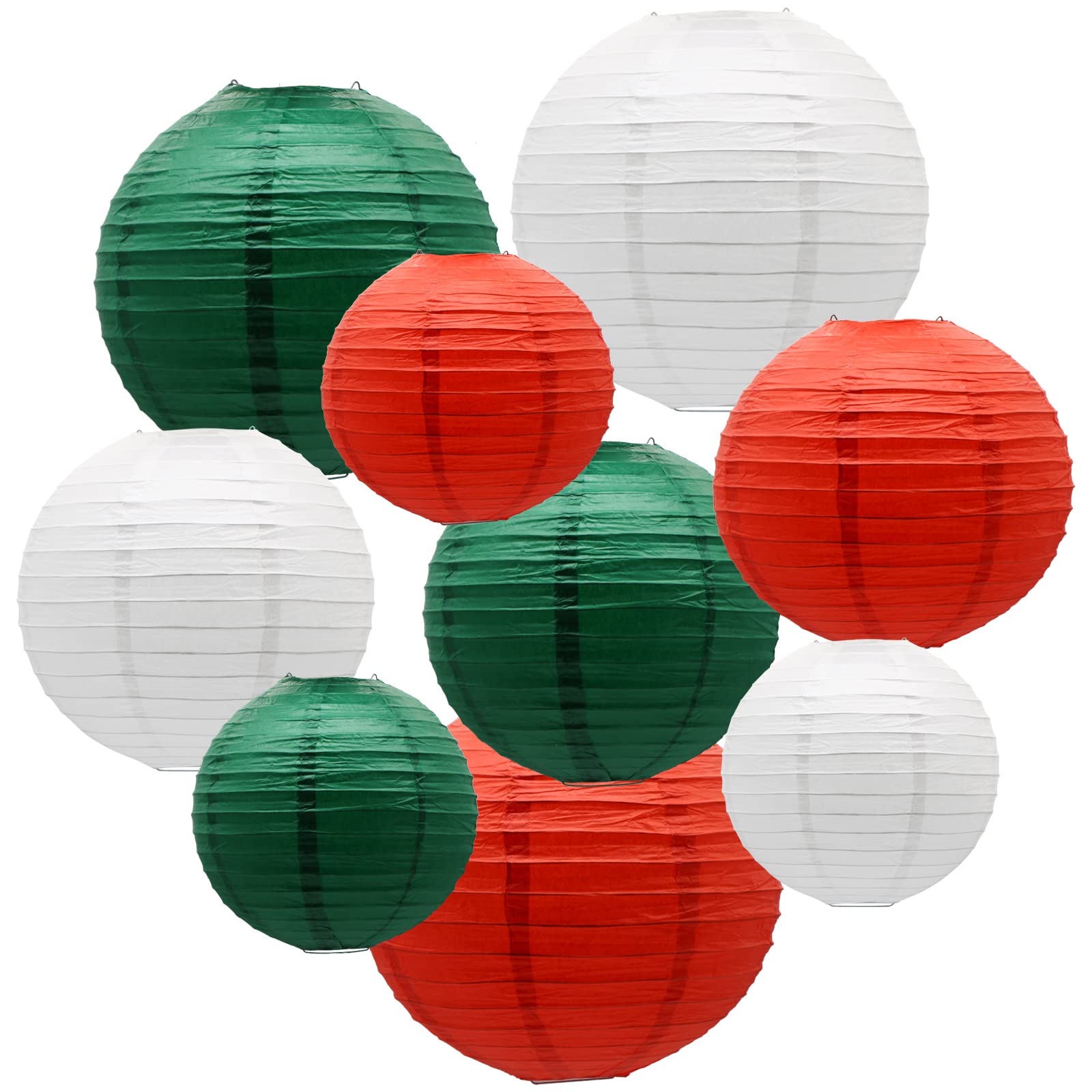 ADLKGG Paper Lanterns, Round Hanging Decorations, 9pcs, Metal, Red/White/Green, for Christmas, Graduation, Baby Shower, Birthday