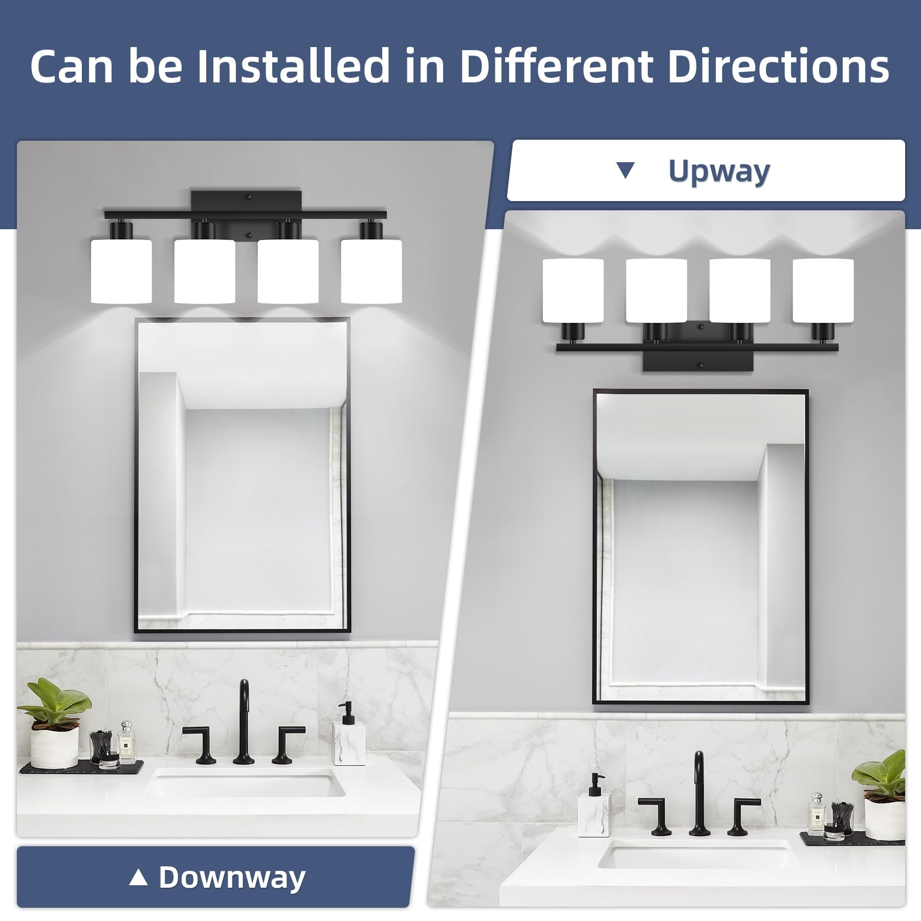 SILAMPDI 4-Light Black Bathroom Vanity Light Fixture, Modern Wall Sconce with Milky White Glass Shades, Model SLD-JQD-005
