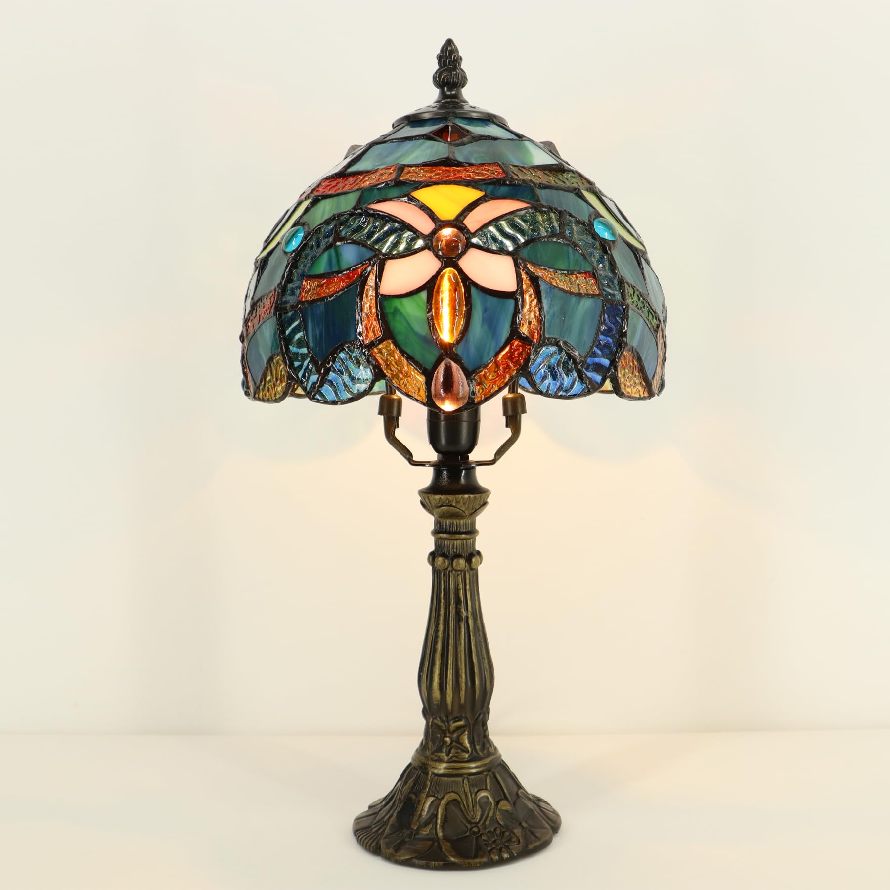 Lxhcyou Small Tiffany Lamp Mini Accent Table Lamp Stained Glass Desk Memory Lamp Sympathy 8X14.5 Inch (Blue Baroque Style)