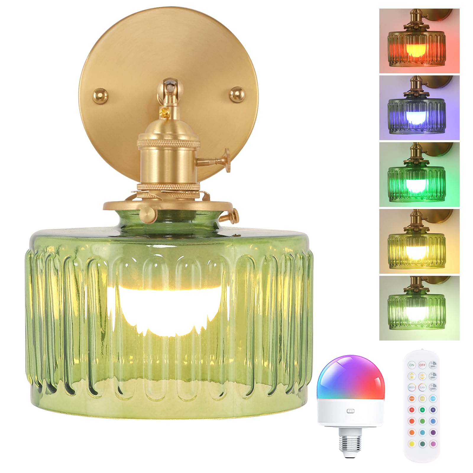 Shenmoyl Vintage Wall Sconce - Battery Operated, Remote Control, Green Striped Glass, 5000 mAh Rechargeable, Brass, 1 Pack
