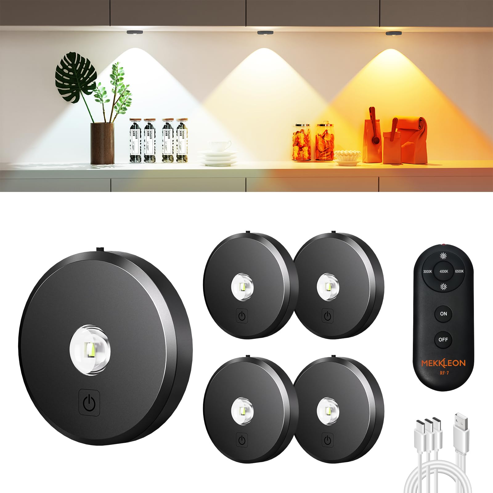 Mekkleon Puck Lights With Remote Control Rechargeable,Wireless Under Cabinet Lighting,2000Mah Battery Operated Tap Push Touch Lights,Stick On Lights For Counter,Shelf,Bookcase (Dark Grey, 5 Pcs)