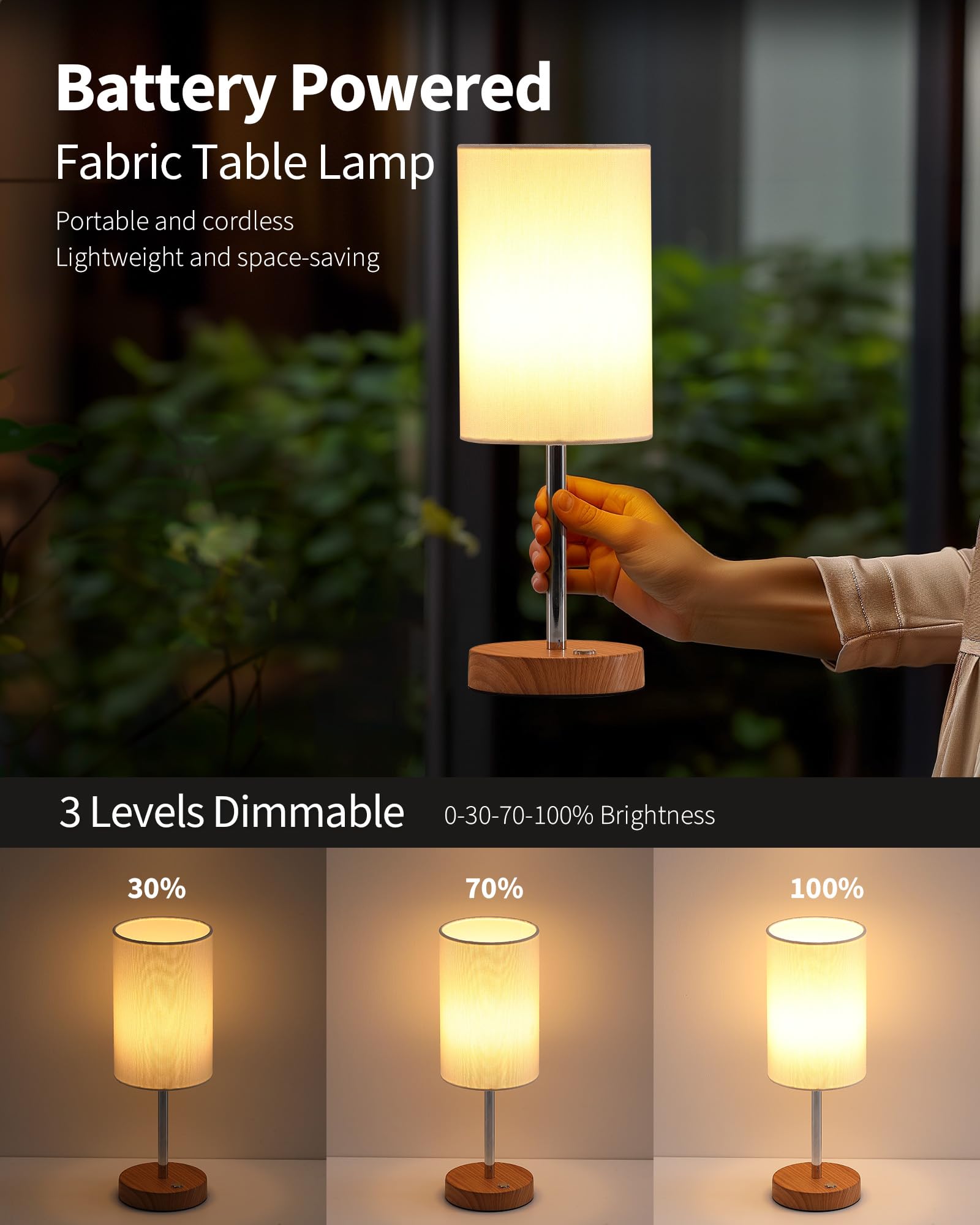 KDG Cordless Table Lamp - 5000mAh LED, 3 Brightness Levels, Silver + Beige, Portable Bedside Light for Living Room, Bedroom, Dining Room