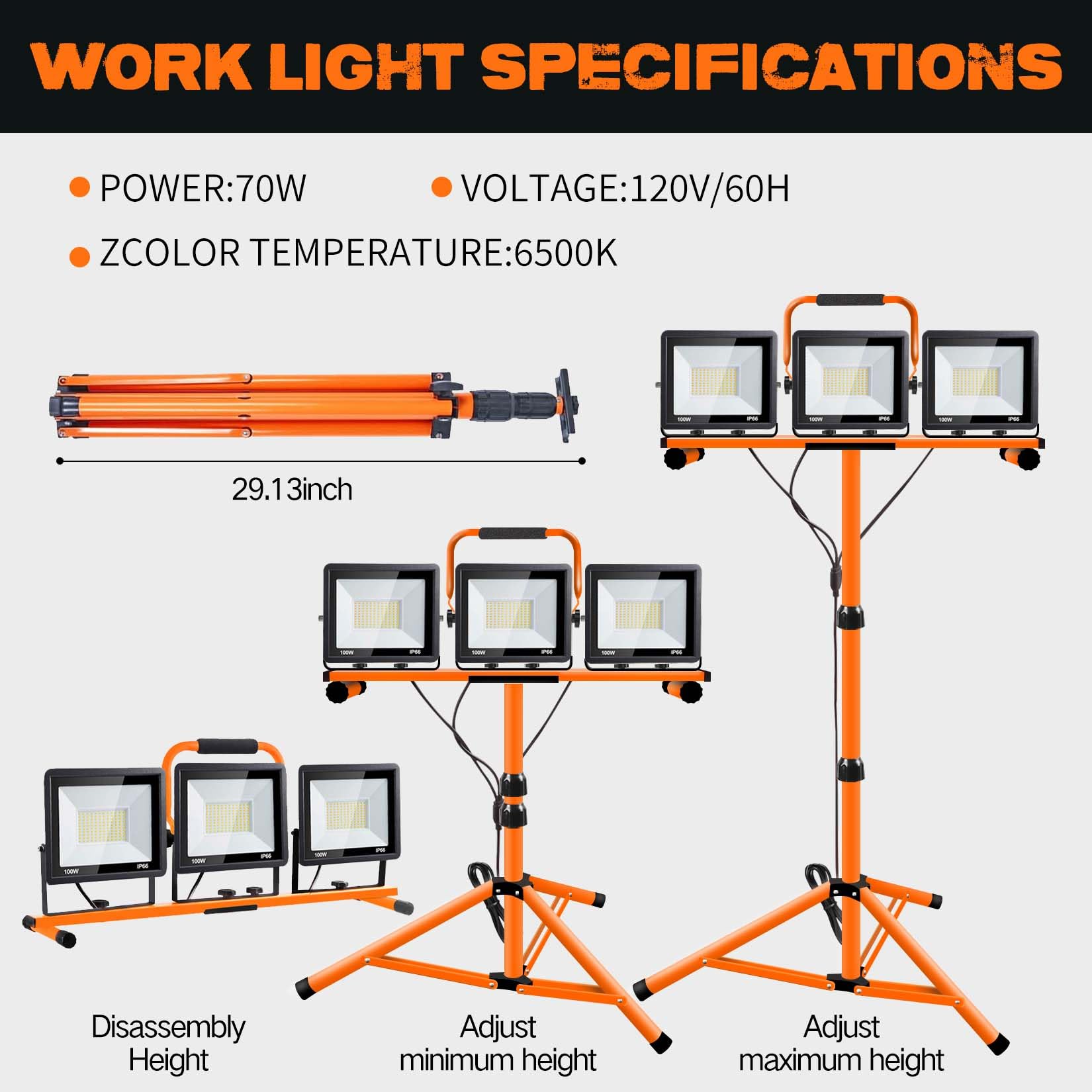 Yurnomy 21000 Lumen LED Work Light with Adjustable Tripod Stand, Waterproof, 6500K, Model GZD-1, Orange-3