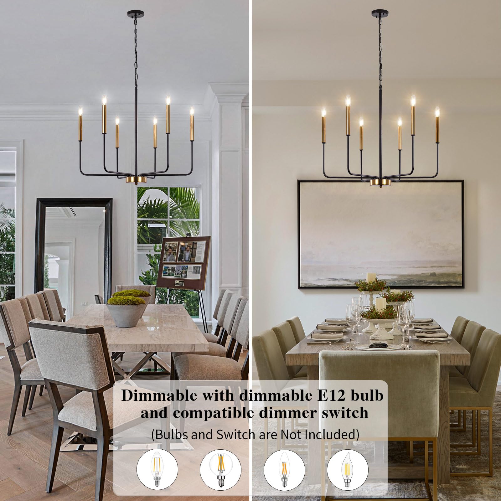 Etonimerr Modern Farmhouse Chandelier Light Fixture Ceiling Hanging, 6-Light Black And Gold Industrial Chandelier For Dining Roo