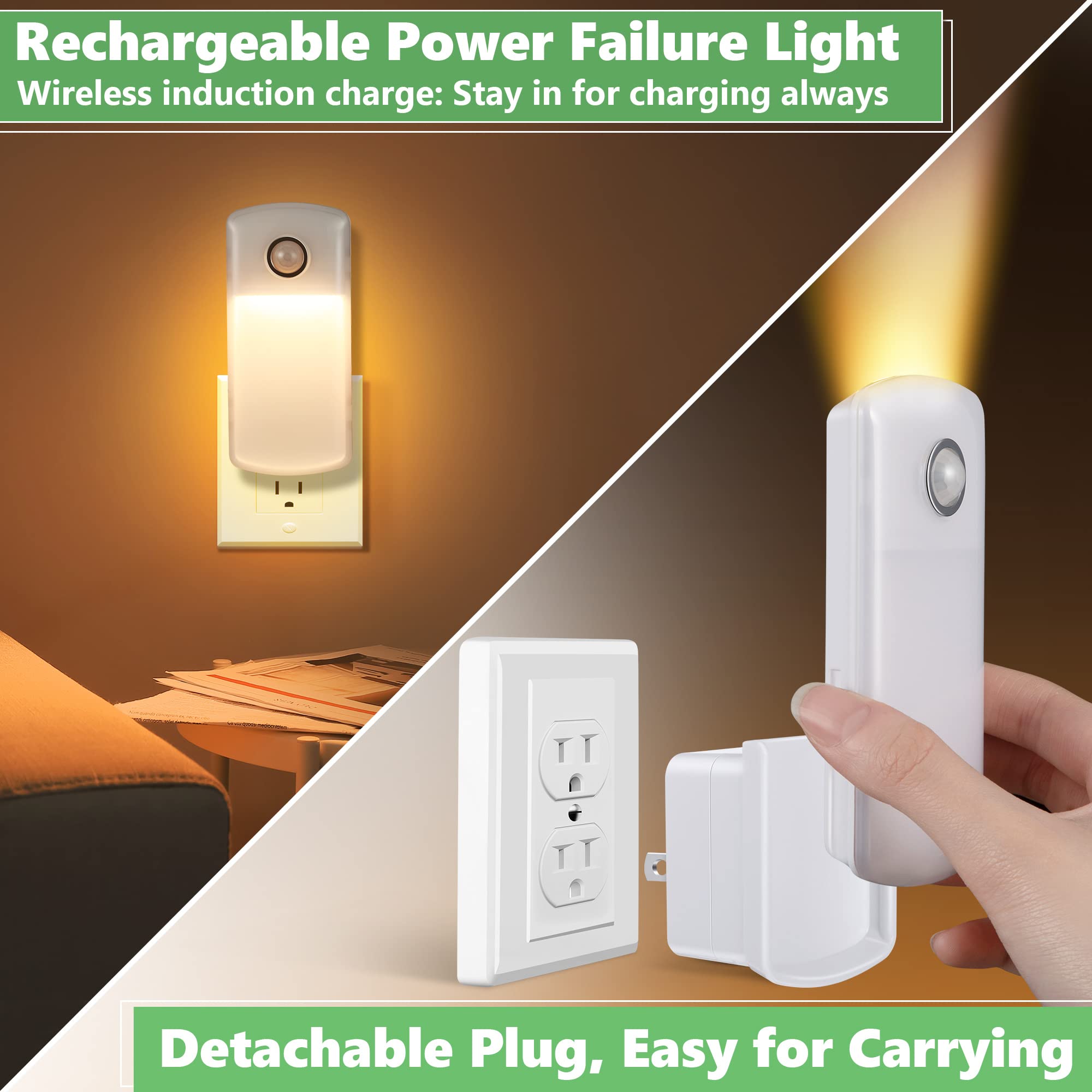 Enhon Motion Sensor Night Lights, 4 Pack, Automatic Dusk to Dawn, Warm White, Rechargeable Emergency Power Failure Lights for Home