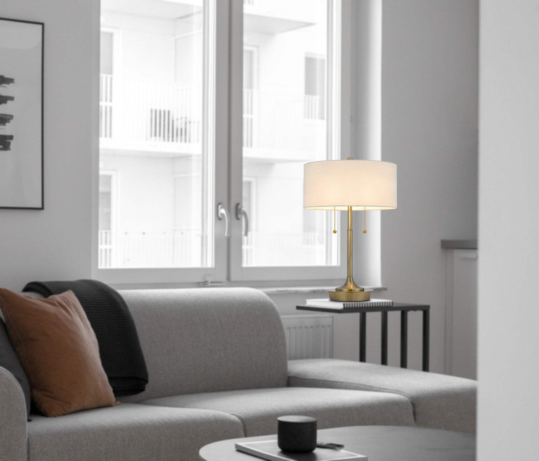 HomeRoots Two Light Table Lamp, Antiqued Brass Metal, White Drum Shade, Model 524727, 20 in.