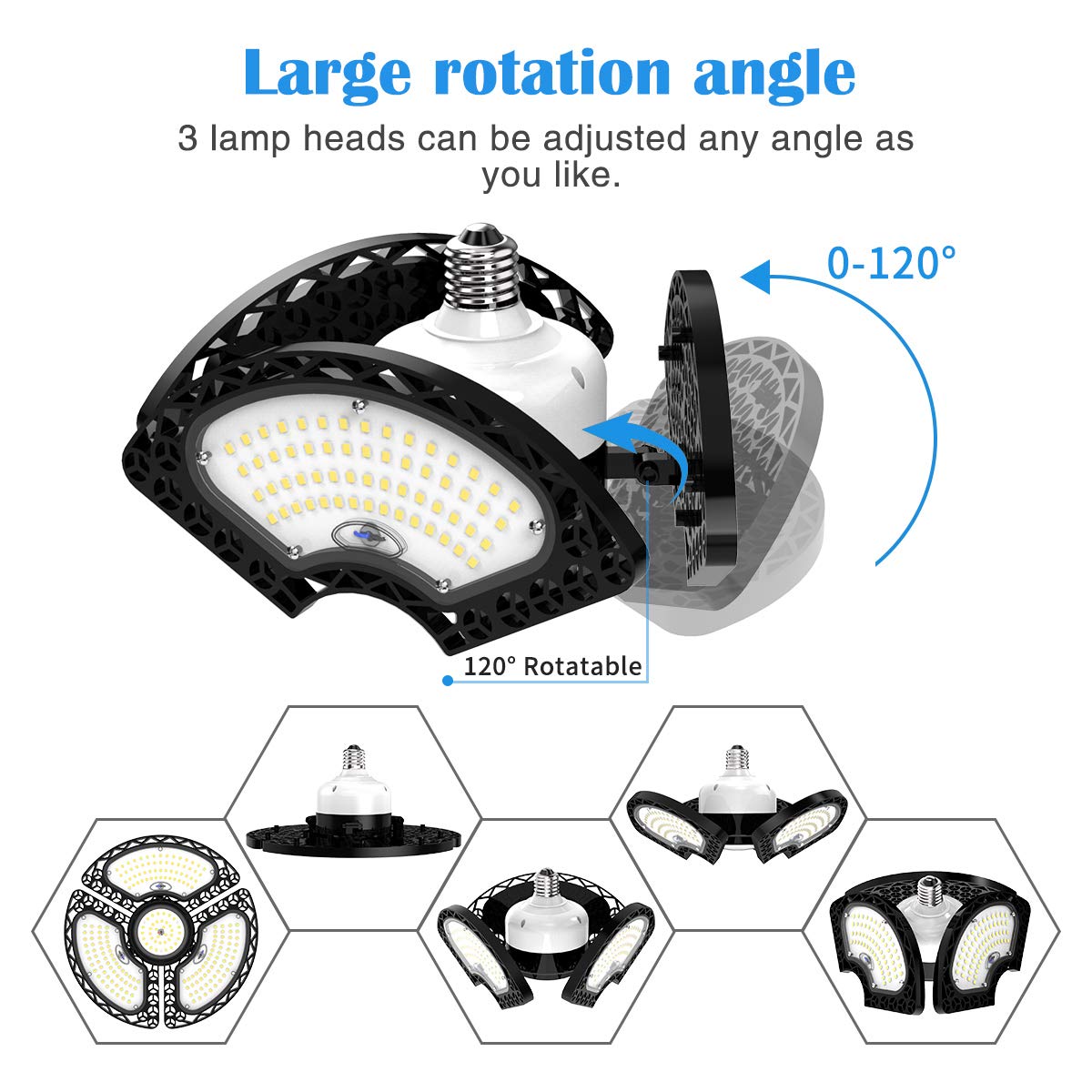 Dansny LED Garage Lights 80W, 12000 Lumens, 10in x 10in x 4.7in, Deformable with 3 Adjustable Panels, Black, Model