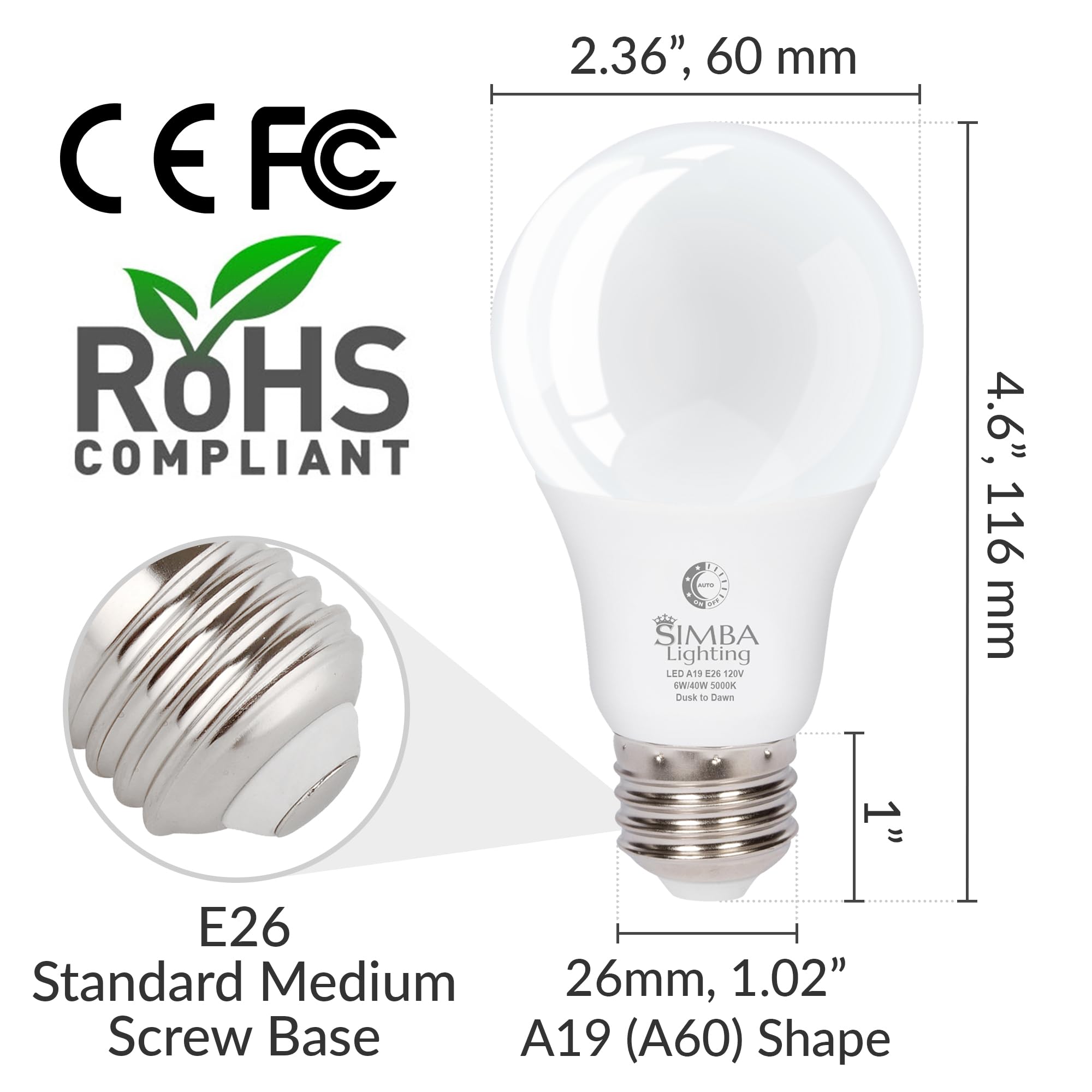 Simba Lighting Led Outdoor Light Bulbs, 4 Pack, Dusk To Dawn, E26, 5000K Daylight,