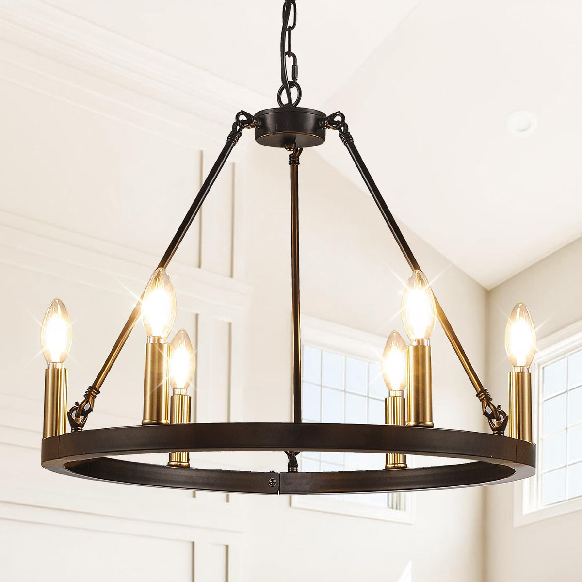 Wjshome Black And Gold Chandelier, 6-Light Farmhouse Wagon Wheel Chandelier, Dining Room Light Fixture, Rustic Kitchen Island Li