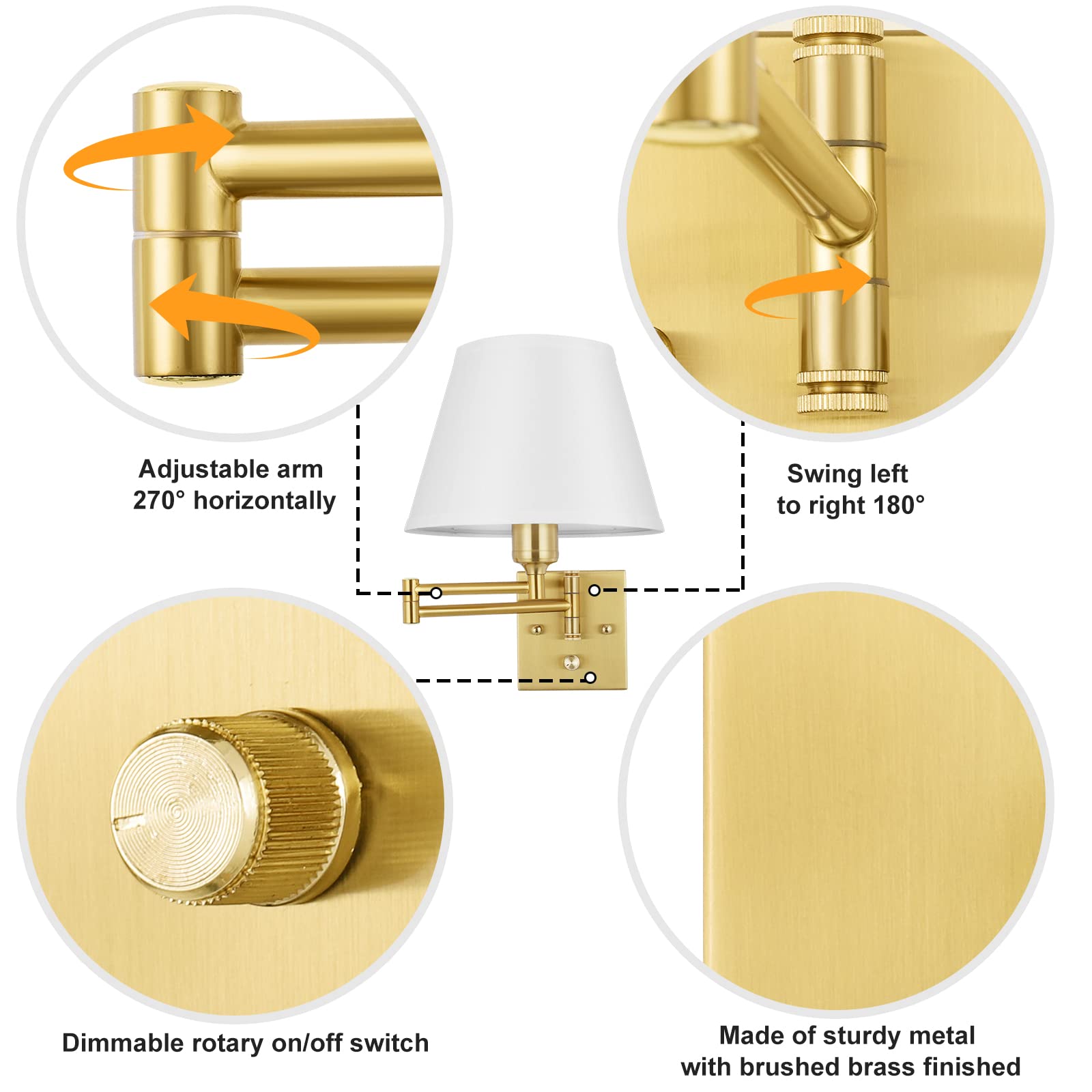Trlife Wall Sconce Plug In, Brushed Brass Dimmable Wall Sconces Set Of 2 Swing Arm Wall Lights With Plug In Cord And Dimmer On/O