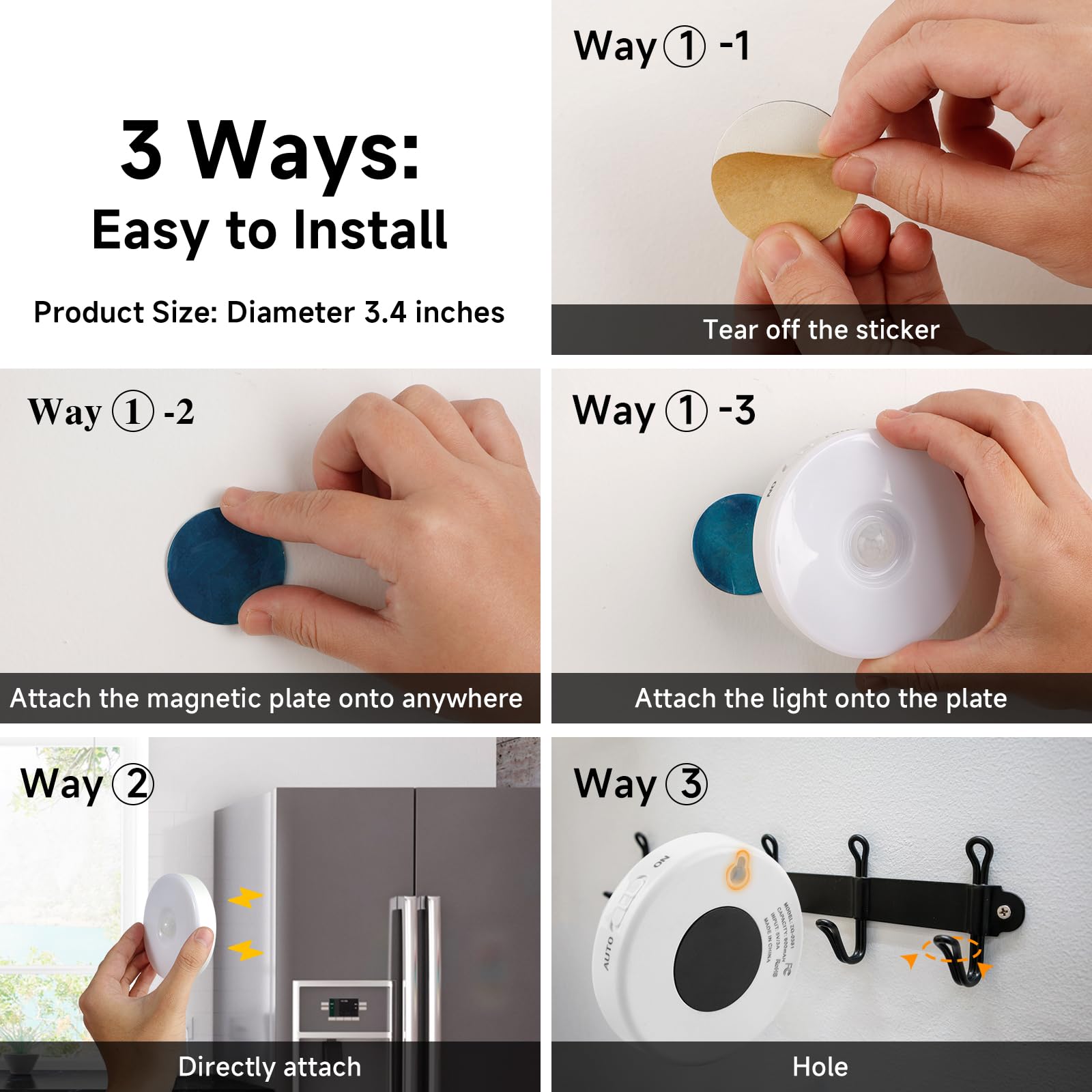 SPLUED LED Rechargeable Motion Sensor Light - Warm White, 4Pack, Puck Night Lights for Closet, Kitchen, Hallway, Model ZQ-0381B2
