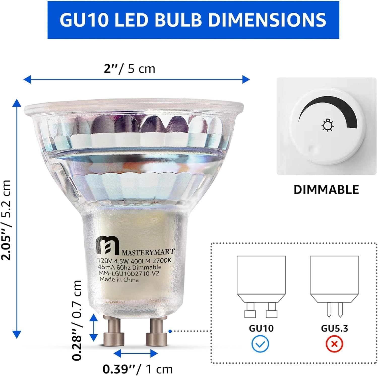 Mastery Mart Dimmable Gu10 Led Light Bulbs, 4.5W Bright 2700K Soft White 50W Halogen Equivalent, 400Lm Energy Saver For Track Li