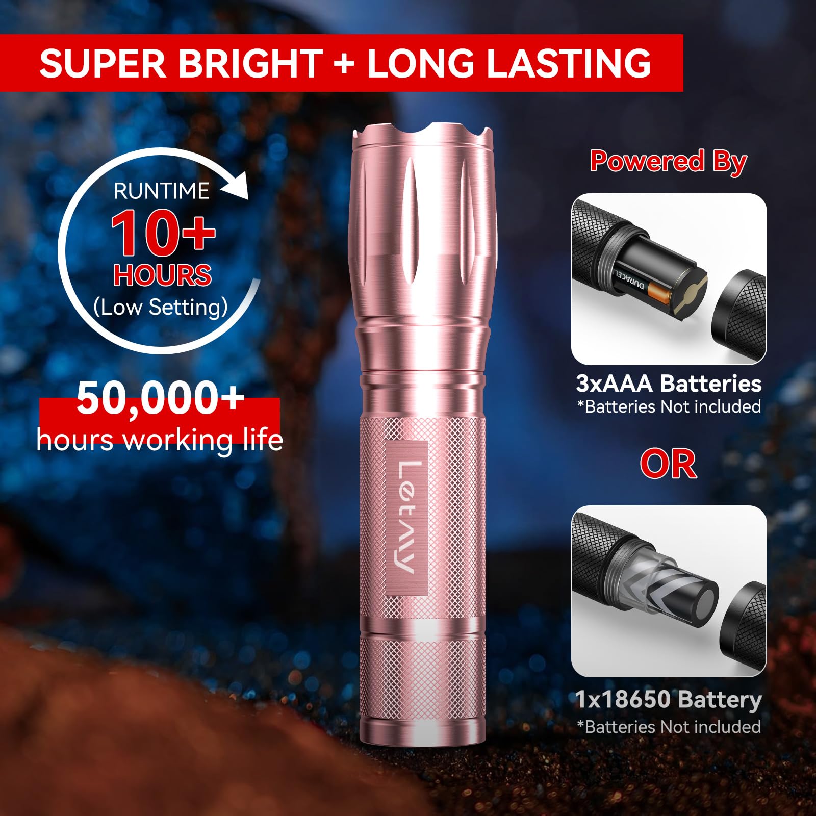 Letmy Tactical Flashlight S2000-2 Pack Bright Military Grade Led Flashlights High Lumens - Portable Handheld Flash Light, 5 Modes Zoomable Waterproof Flashlights For Home Emergency Camping- Pink