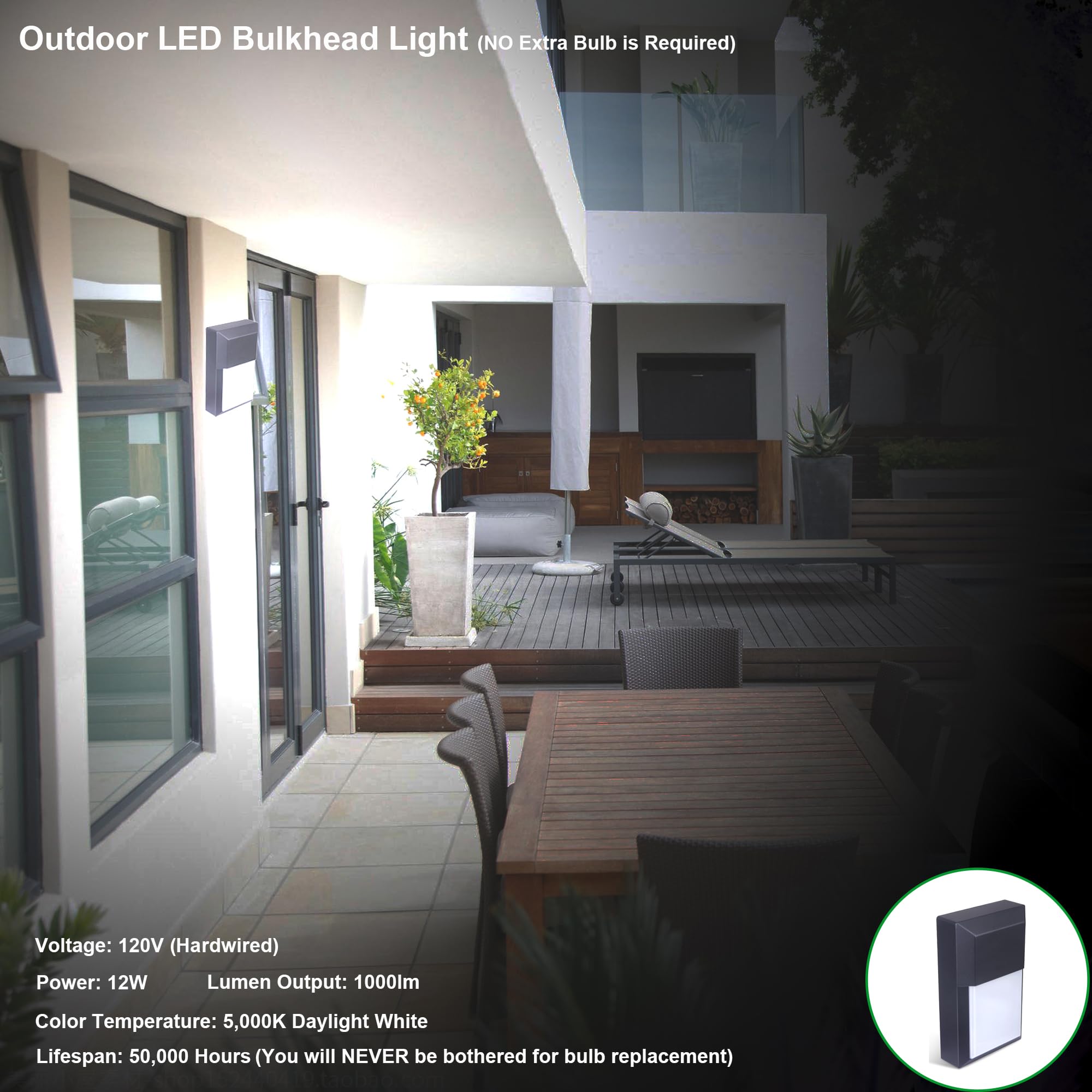 LIT-PaTH Outdoor LED Wall Lantern, 12W 1000 Lumens, Aluminum, 5000K Black Finish, Model YL-WP09ND, 1-Pack