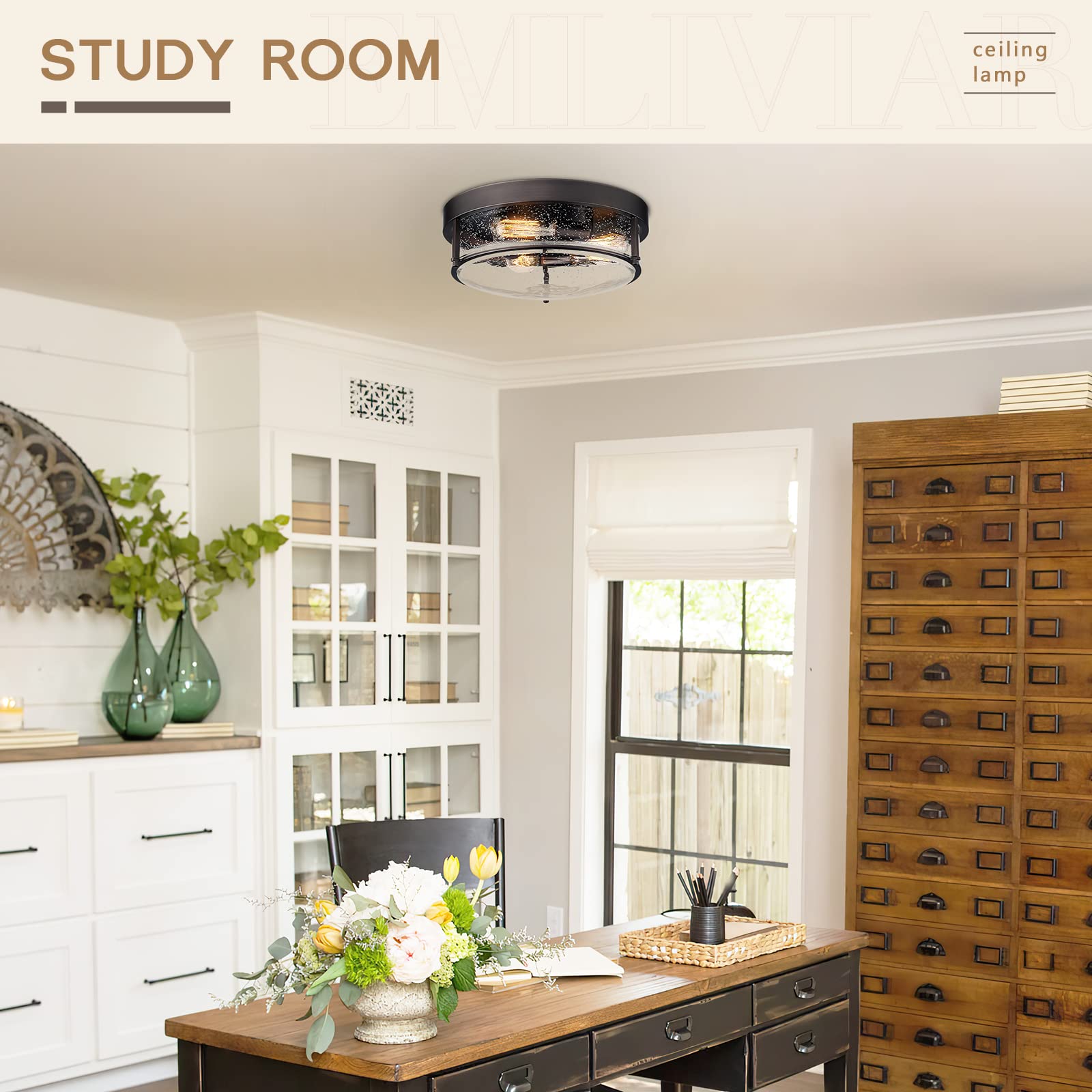 Emliviar 15&quot; Farmhouse Flush Mount Ceiling Light, Oil-Rubbed Bronze, 3-Light Pendant For Porch & Kitchen