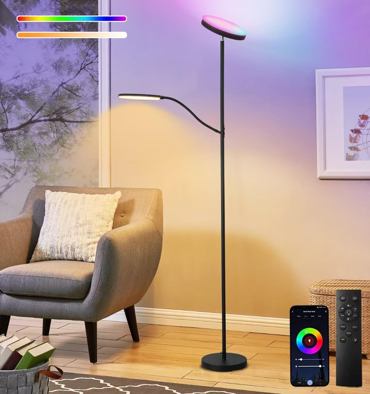 Smart Led Floor Lamp, 24W Super Bright Floor Lamps For Living Room, 2 In 1 Color Changing Rgb And White Light & Brightness Dimma