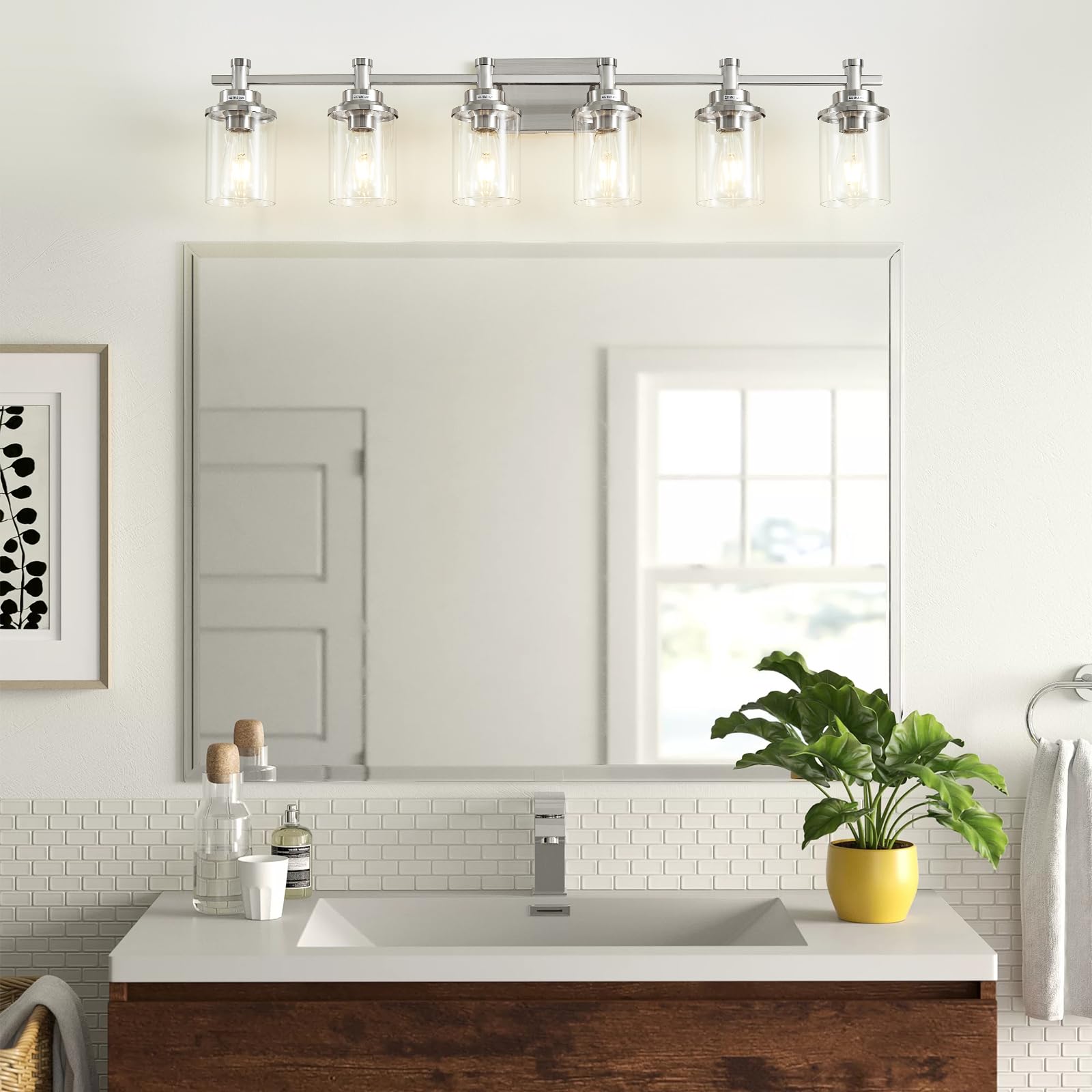Aixialin 6-Light Bathroom Vanity Light, Brushed Nickel Bathroom Lights Fixtures Over Mirror, Vanity Lights Wall Mount With Clear