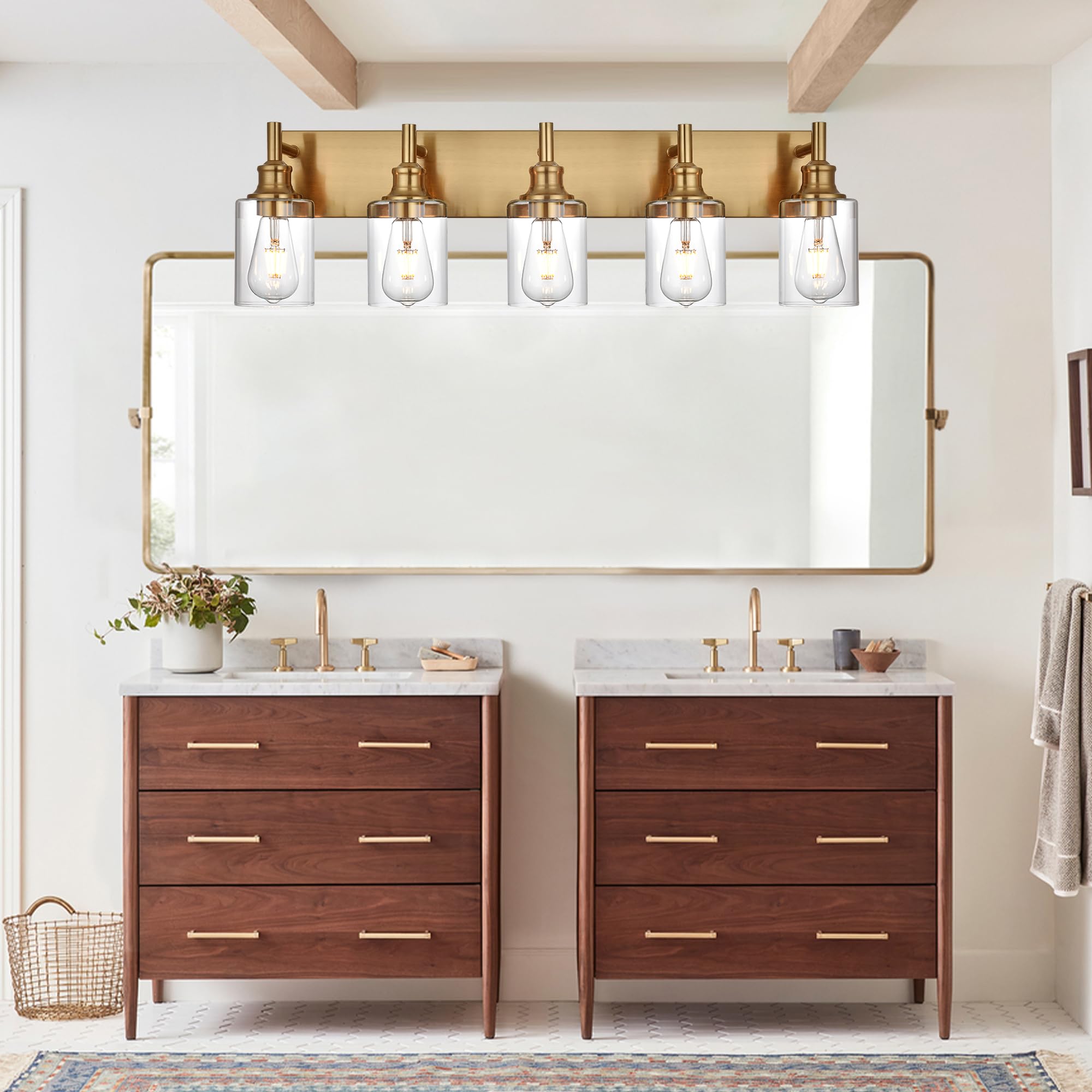 Wanluce 5 Light Vintage Brushed Brass Bathroom Vanity Light Fixtures Over Mirror With Clear Glass Shades, Farmhouse Wall Sconces