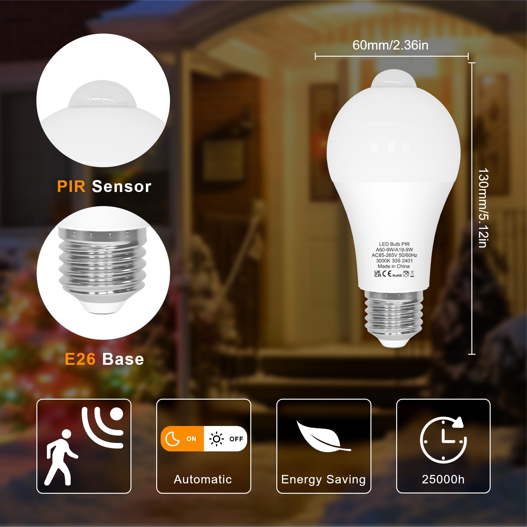Oraluce Motion Sensor Light Bulbs Indoor Outdoor 60 Watt Equivalent, A19 E26 9W Motion Activated Led Bulb 3000K Warm White, Moti