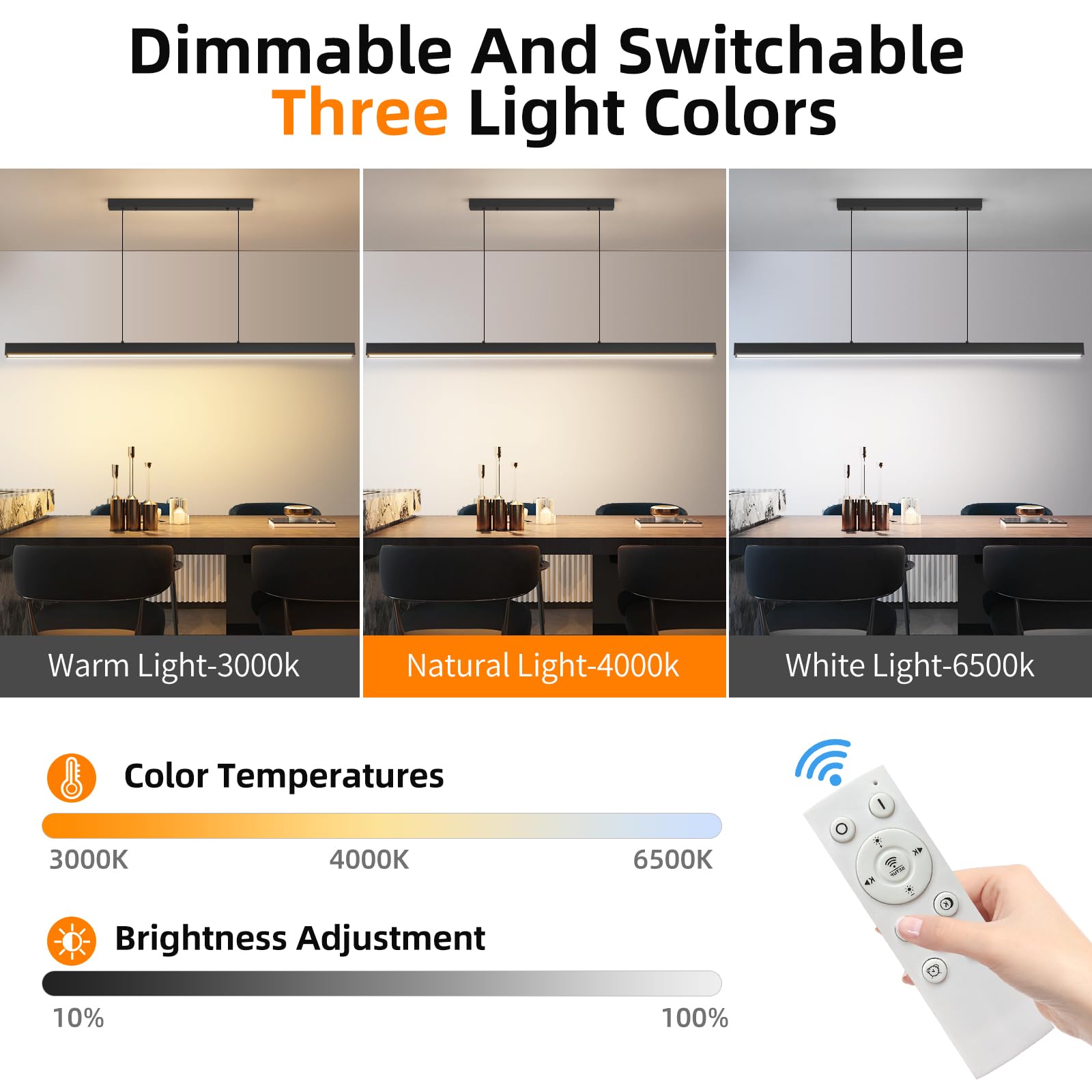 Mikeru Modern LED Linear Pendant Light, 39IN, Aluminum, Adjustable Color Temp 3000K-6500K, A-Black, Model 1