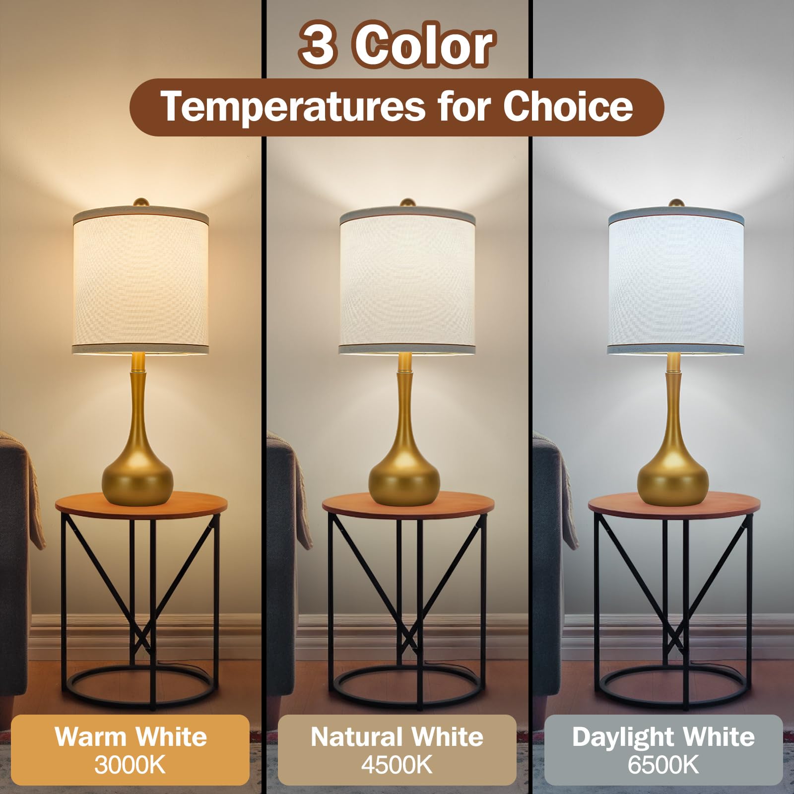 Helijia 23'' Farmhouse Table Lamp Set Of 2, Golden Metal Modern Bedside Lamps For Living Room, 3 Color Temperature Rustic Table