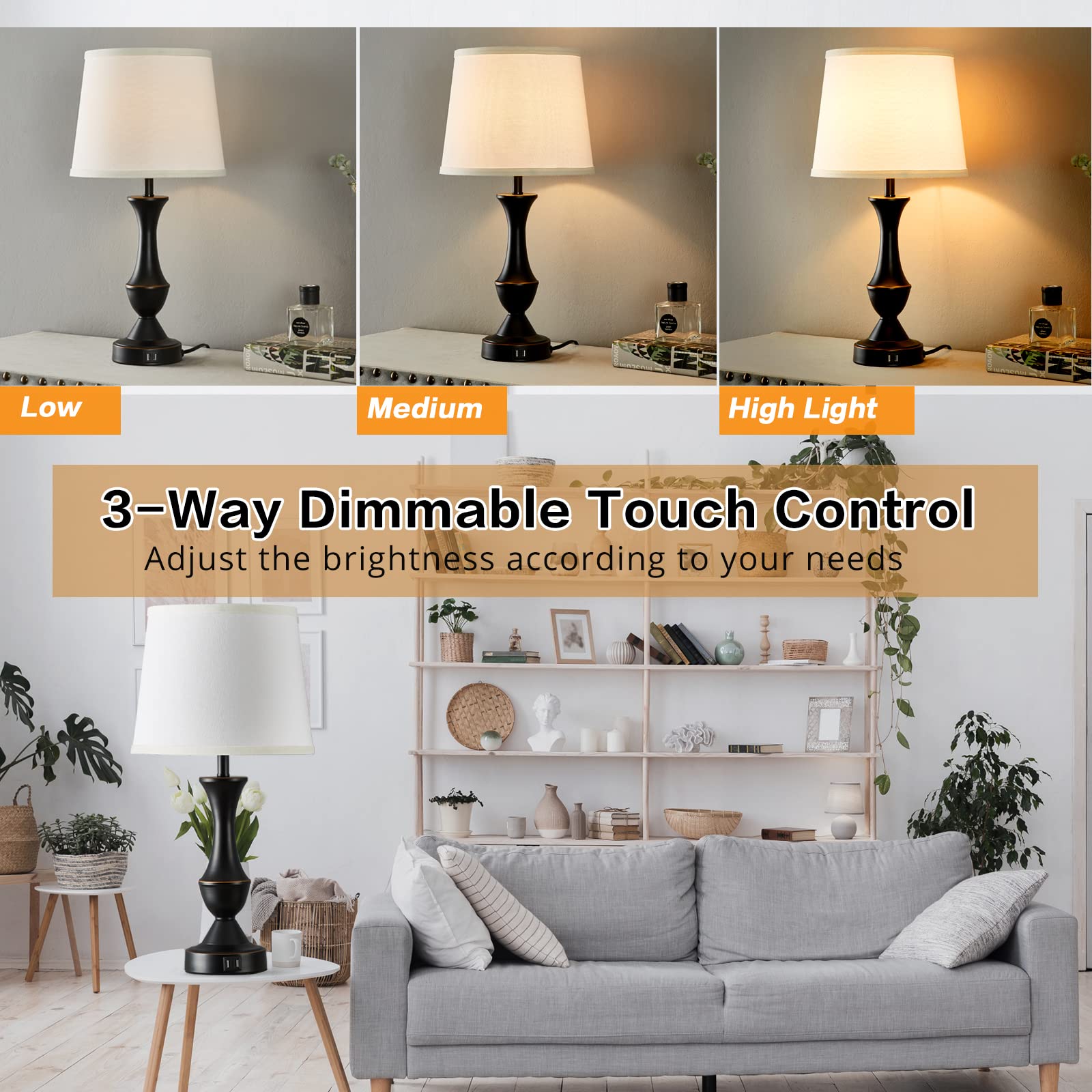 Luvkczc Touch Bedside Lamps Set of 2, 3-Way Dimmable, USB Ports, White Linen Shade, Model L-73008-07, Black/White Color