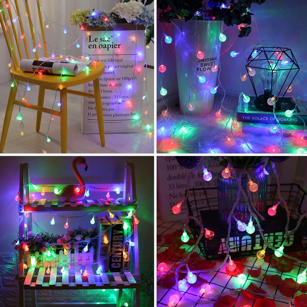 Coloured Globe String Lights Battery Operated,1 Pack 26.2FT 60 LED 16 Colour Changing Water Proof Crystal Ball Outdoor String Li