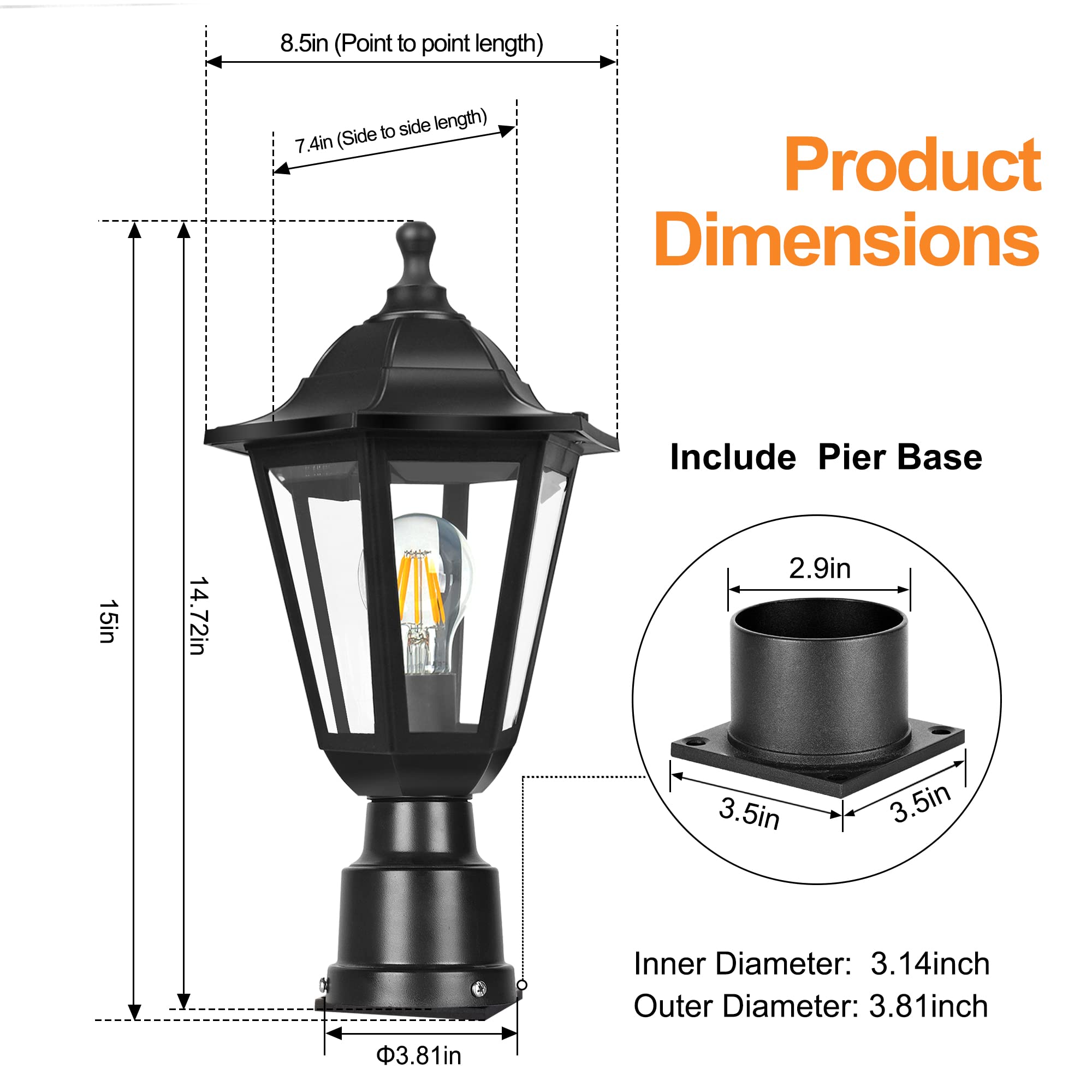 FUDESY Outdoor Post Light Fixture - Waterproof Black Plastic Lantern, E26 Socket, Model FDS6163B1, LED Bulb Included