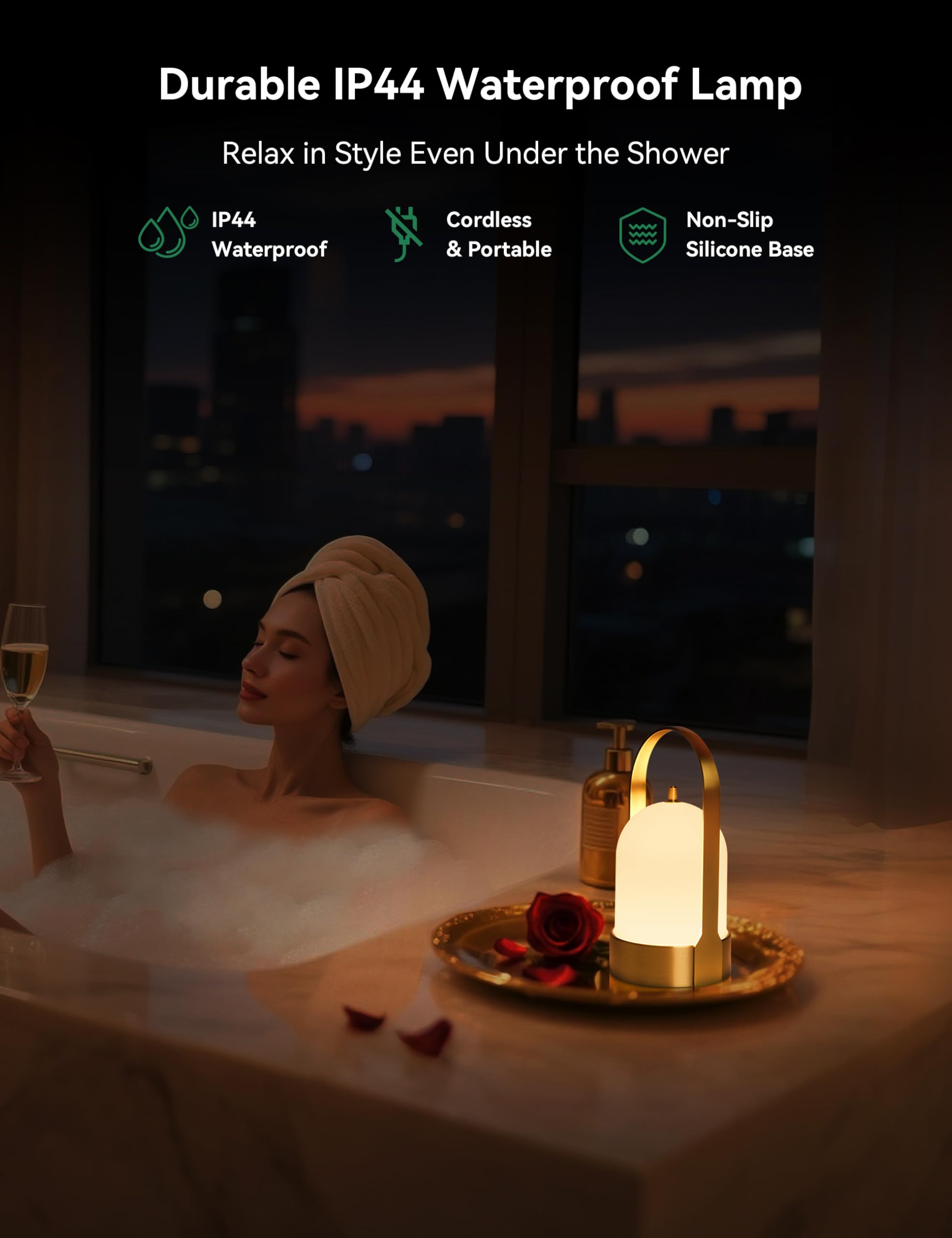 Tubicen Portable Lamp, Battery Operated Cordless Outdoor Table Lamps Rechargeable 4-Level Touch Dimmable IP44 Shower Lamp, Night