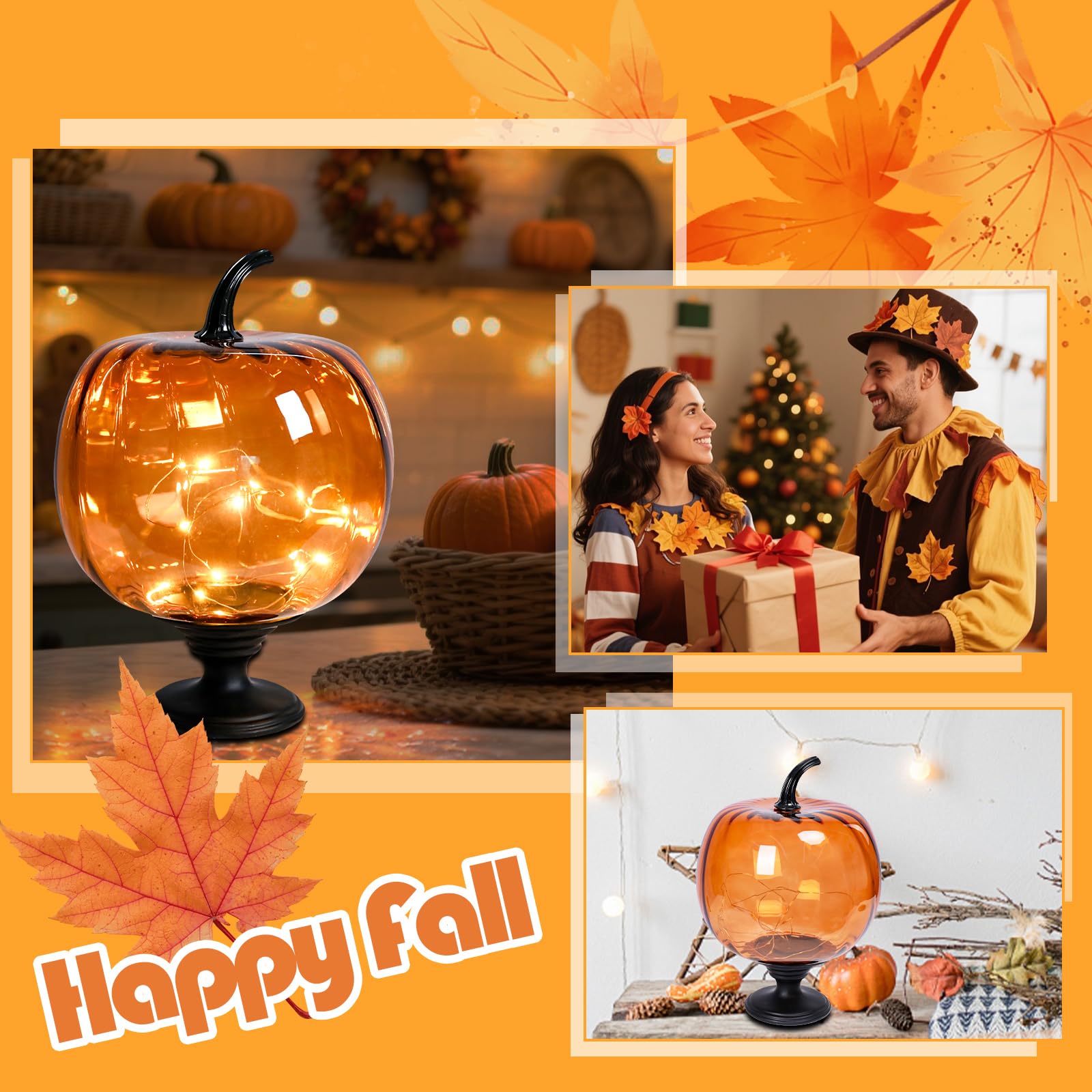 Afirst Decorative Glass Pumpkin Lights  Battery Operated Pumpkin Table Lamps  Halloween Fall Harvest Collection