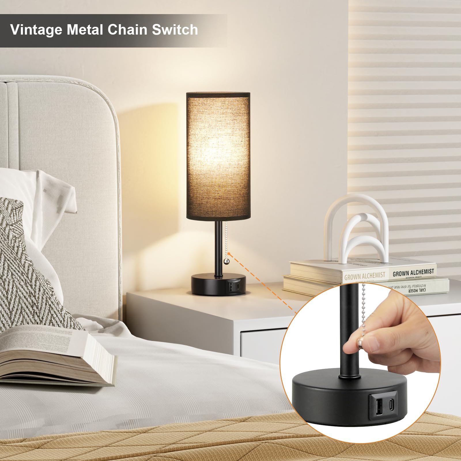 Black Bedside Lamp For Bedroom Nightstand - Small Table Lamp With Usb A + C Charging Port, 3 Color Temperatures Pull Chain Night