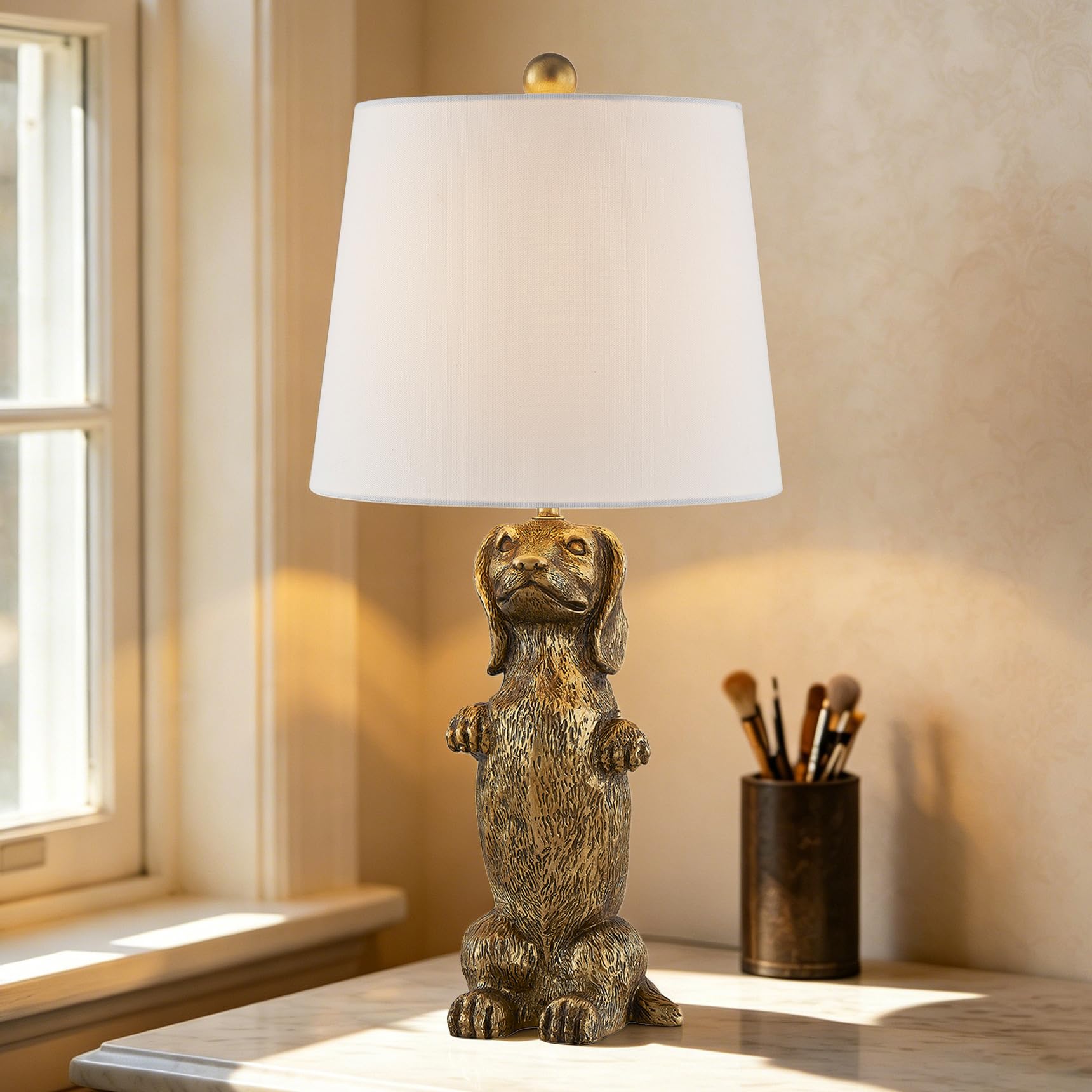 Crestview Collection 22.5 H Resin Dachshund Dog Table Lamp with Brushed Gold Finish & White Linen Shade, Whimsical Animal Sculpt
