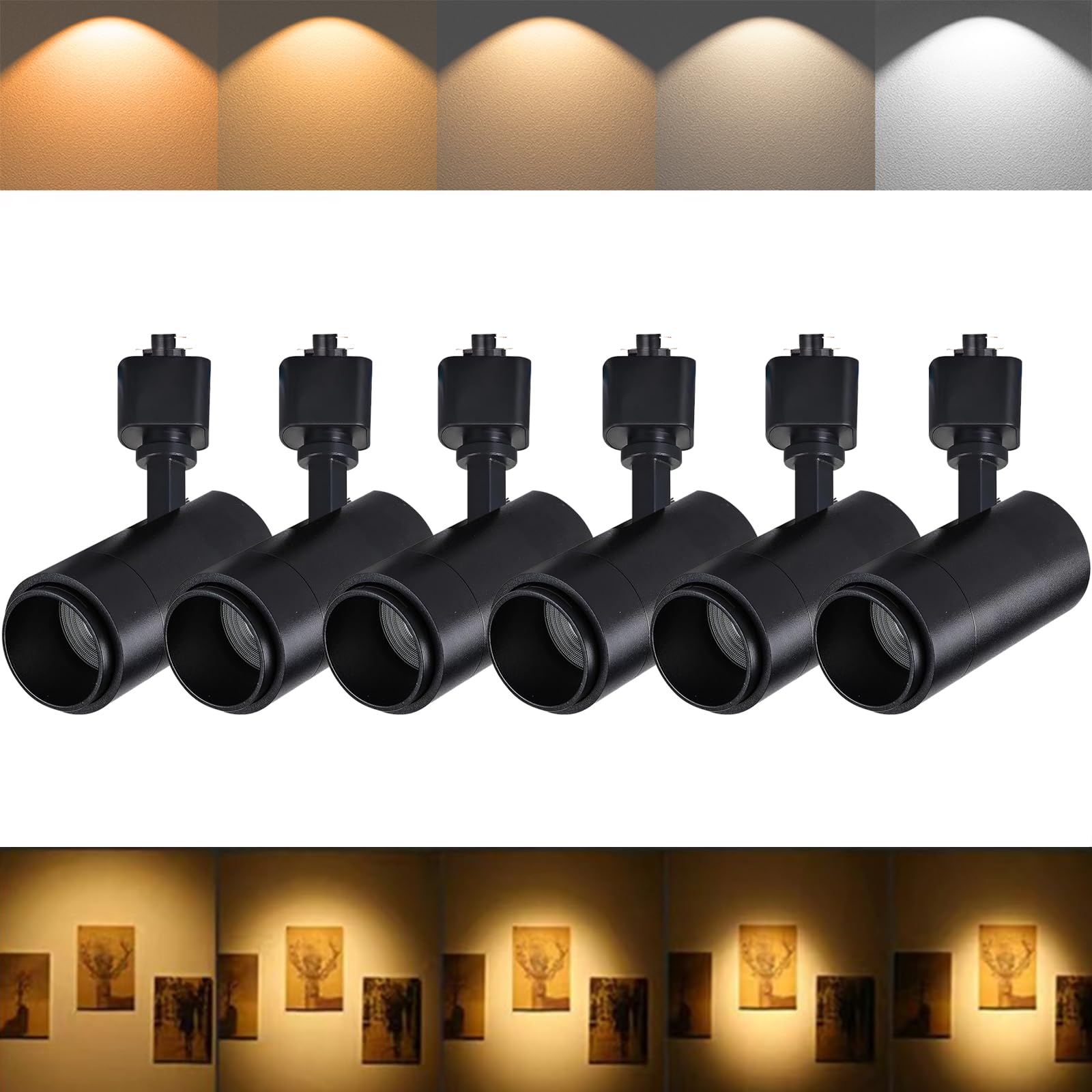 Ajbvp 5Color Led Track Lighting Heads 12W Dimmable,Zoomable Beam15°/24°/36°/45°/60°,2700K/3000K/3500K/4000K/5000K,Single Circuit H Track Lighting Heads Ceiling Fixtures Art Lighting(6 Pack-Black)