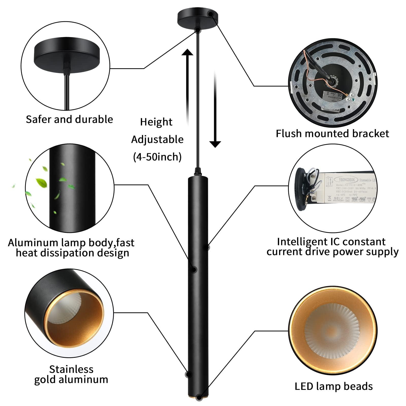 Okeli Black Modern Pendant Light, Led Minimalist Pendant Lighting Fixture, Strip Pendant Lights For Kitchen Island,Bar,15Inch,40