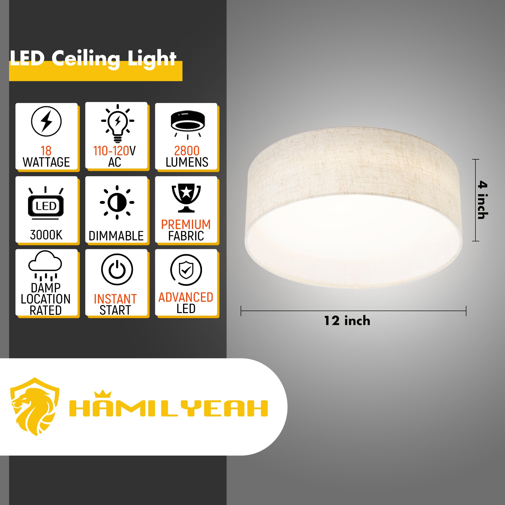 Hamilyeah 12" Fabric LED Ceiling Light Fixture, Dimmable 24W, Beige, Flush Mount for Kitchen, Bedroom, Living Room