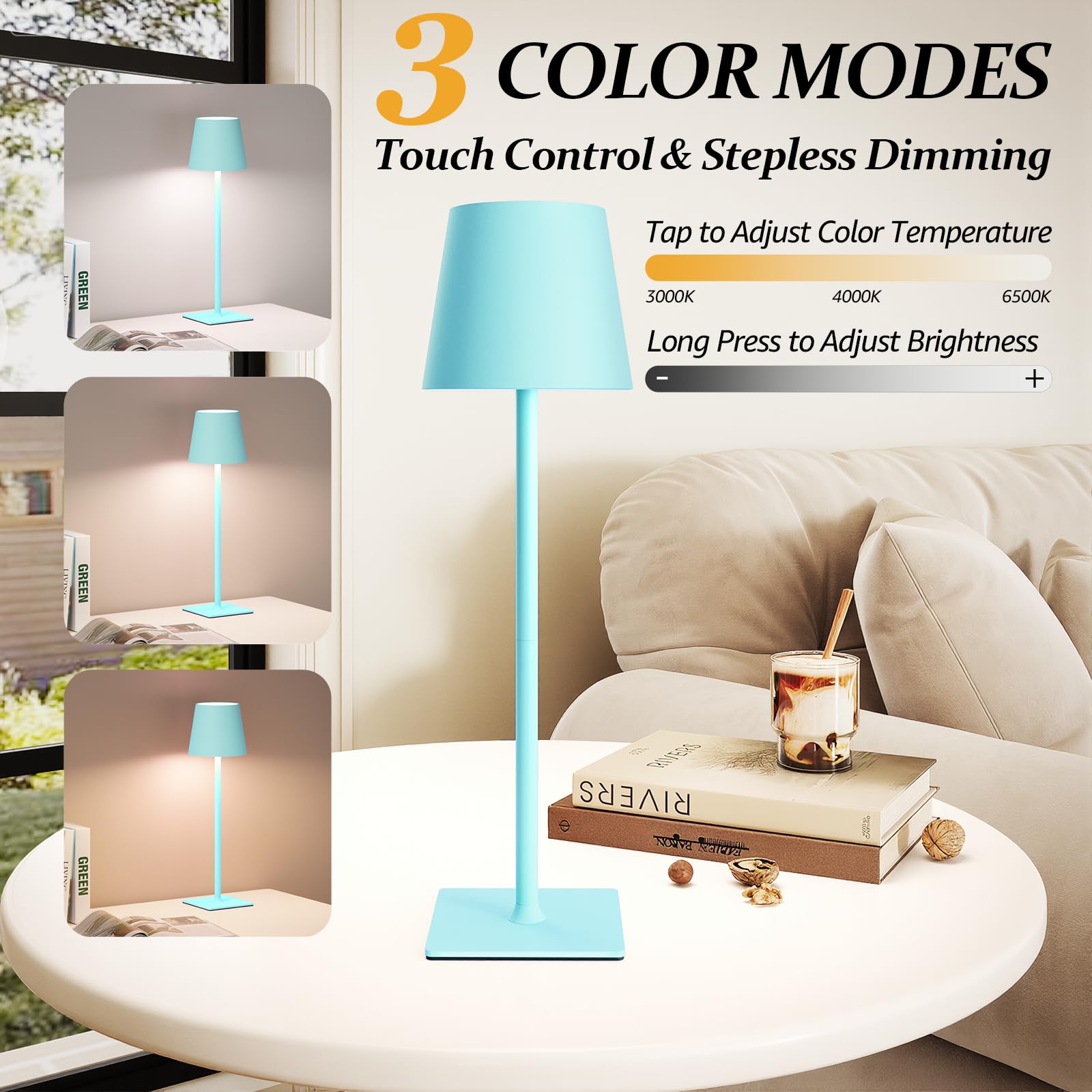 CHLORANTHUS Cordless Table Lamps 2 Pack, 5000mAh Battery, Stepless Dimming, Light Blue, Model: table-lamp -15
