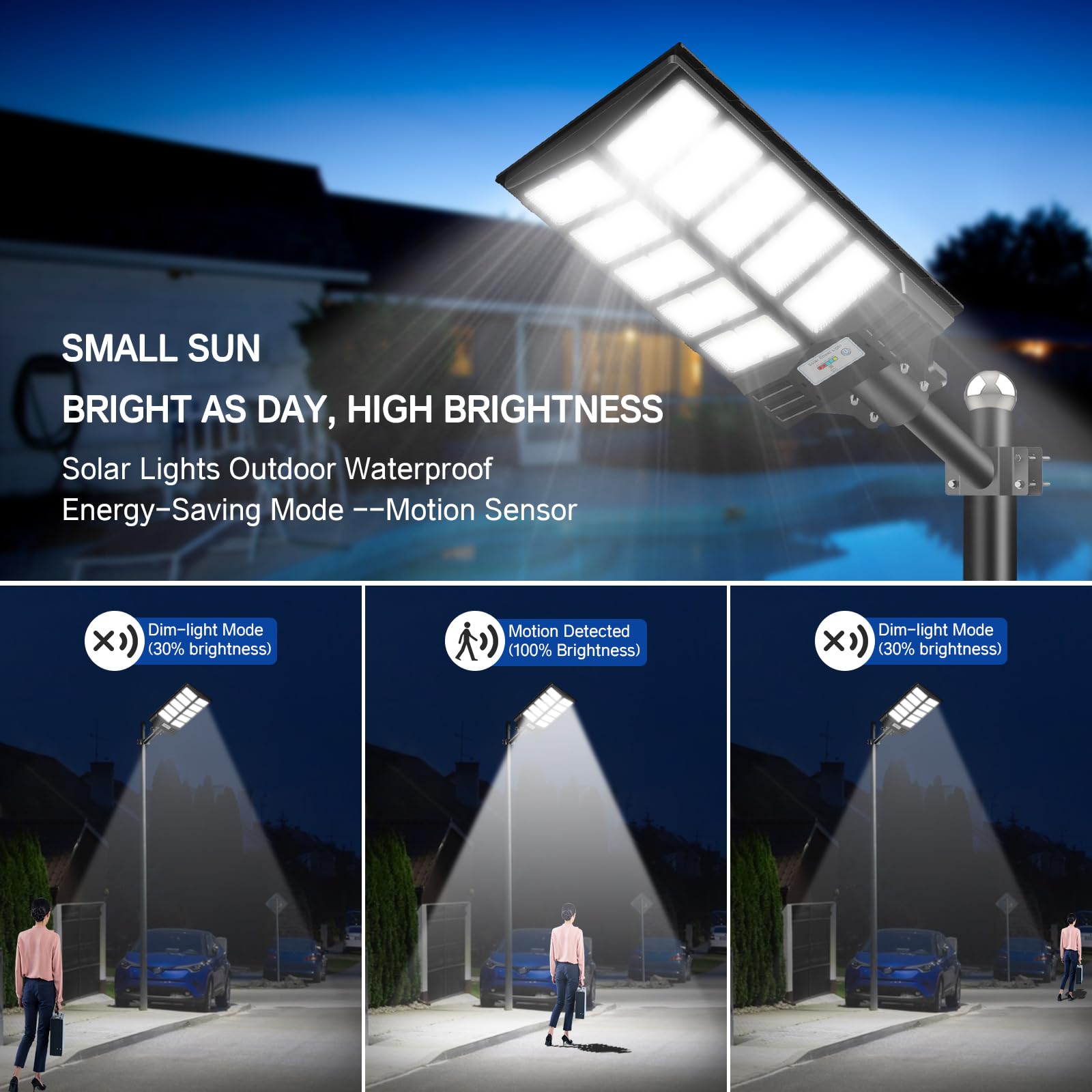 JOYEYE Solar Street Light 5200W, High Lumens 6500K, Aluminum, Black, Model 33BM04, Motion Sensor Dusk to Dawn with Remote Control