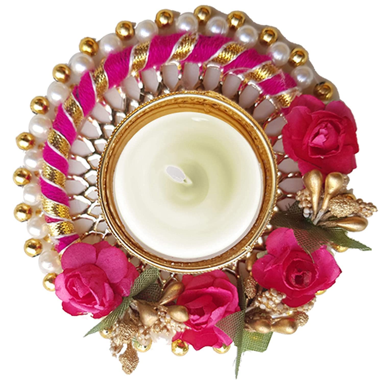 bhumiyaanTraditional Decorative Plastic Metallic Diwali Diya for Home Decoration, Puja Articles Decor (Pink)