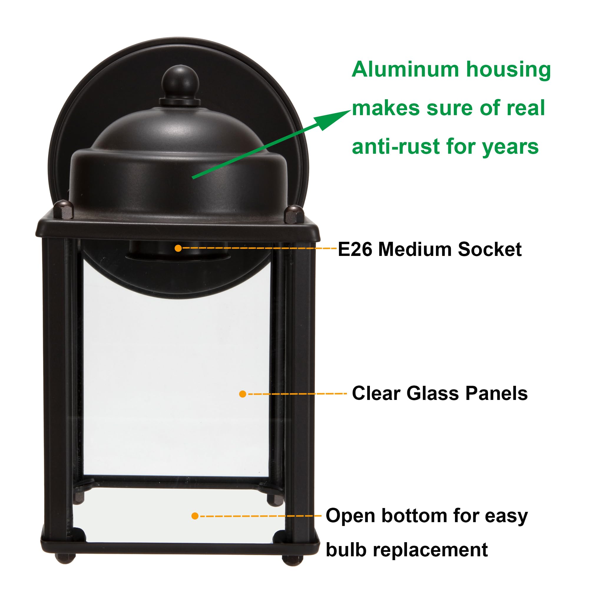 LIT-PaTH Outdoor Wall Lantern Sconce, 60W Max, Aluminum, Bronze Finish, E26 Base, 2-Pack, Model LT-WL017-BRZ-2PK