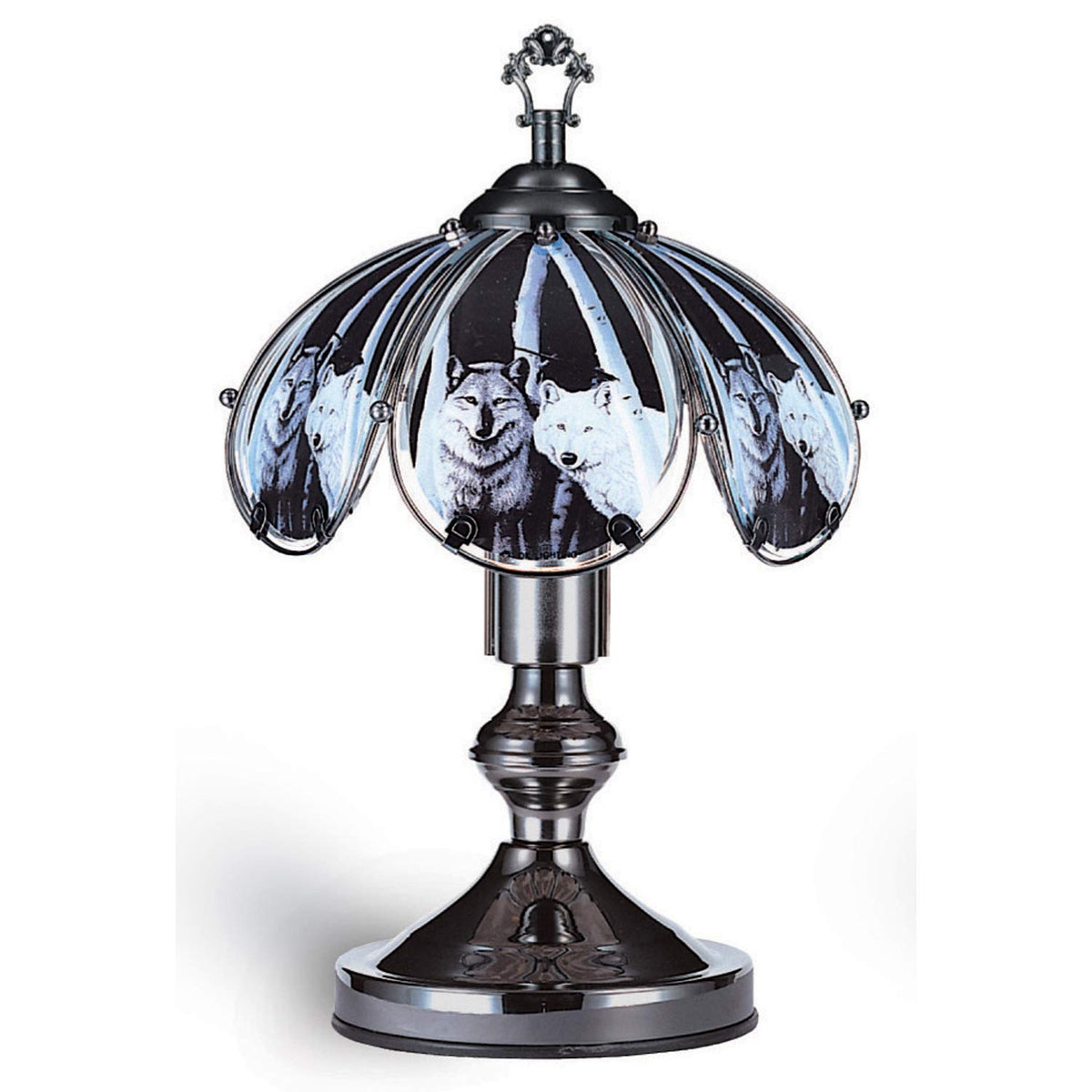 ORE International K320 Glass Wolf Scene Touch Lamp, Satin Nickel