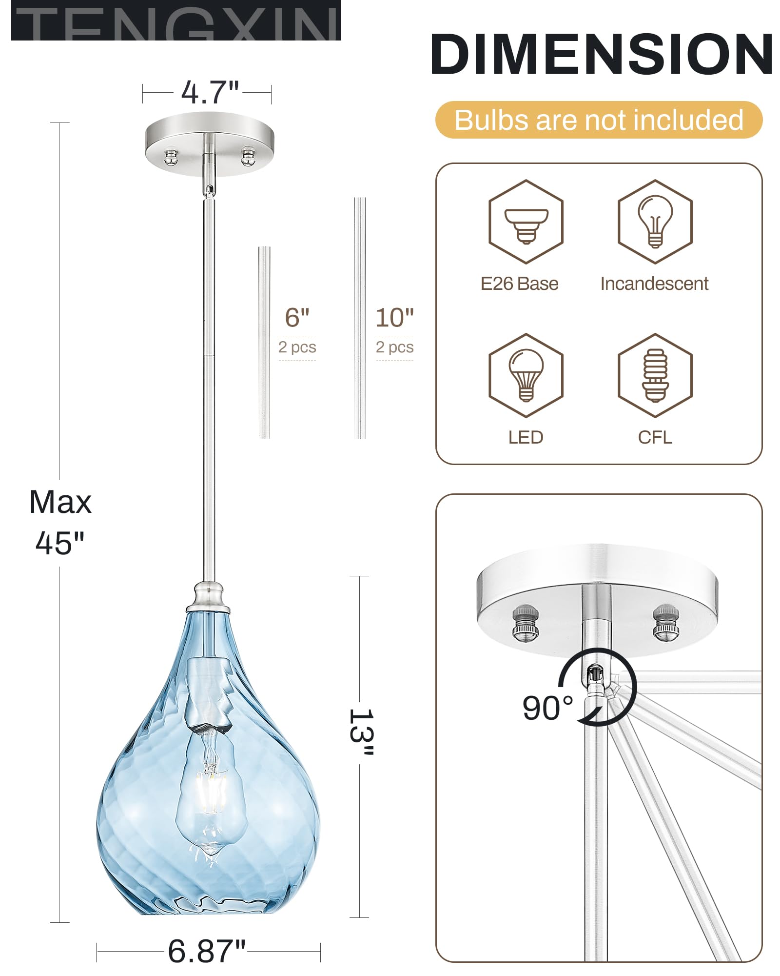 TENGXIN 8 Inch Brushed Nickel & Blue Glass Pendant Light for Kitchen Island, Model TXPLBN13-L