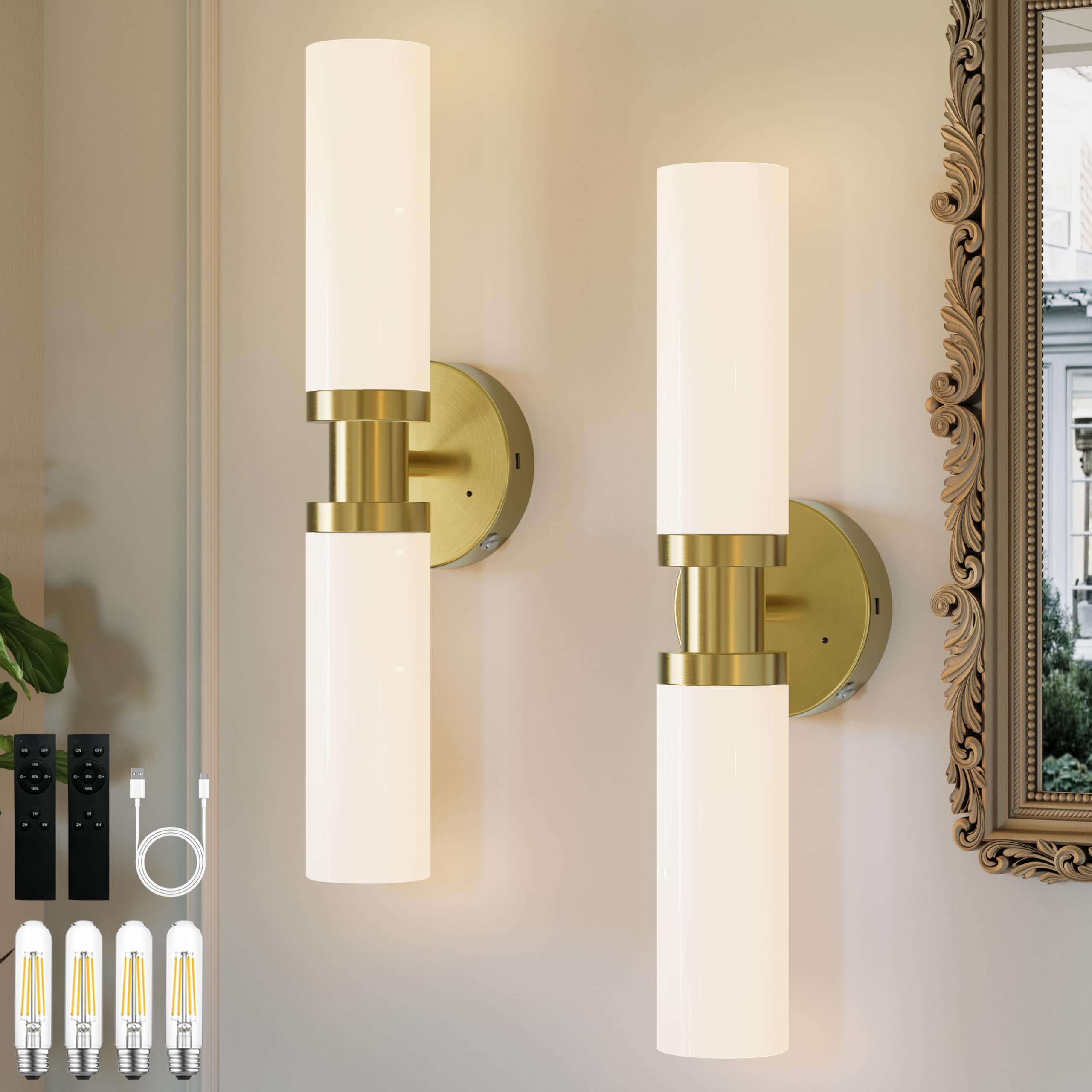 Rayogale Rechargeable Battery Wall Sconce Set, 10000mAh, Dimmable, Remote, Touch Control, Gold & White Shade, Model WL-7116-WG-2P