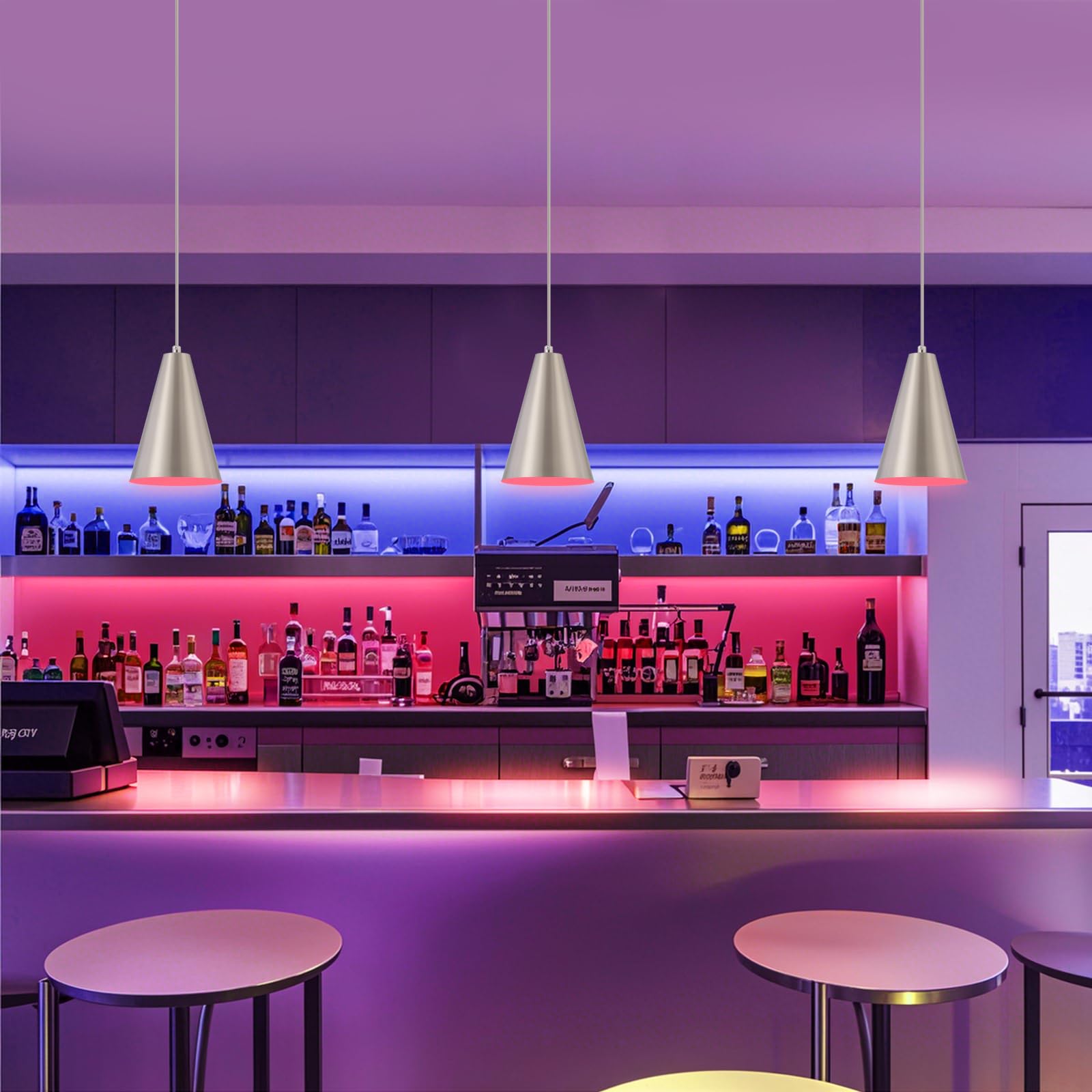 Dijiahua Brushed Nickel Pendant Lights, 3 Pack, Wireless Rechargeable RGB, Modern Metal Fixtures, Remote Control, Model P-JDH0122
